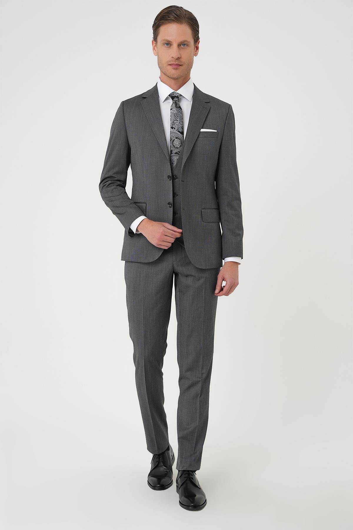 Slim Fit Esnek Yelekli Klasik Füme Takım Elbise Tk 897