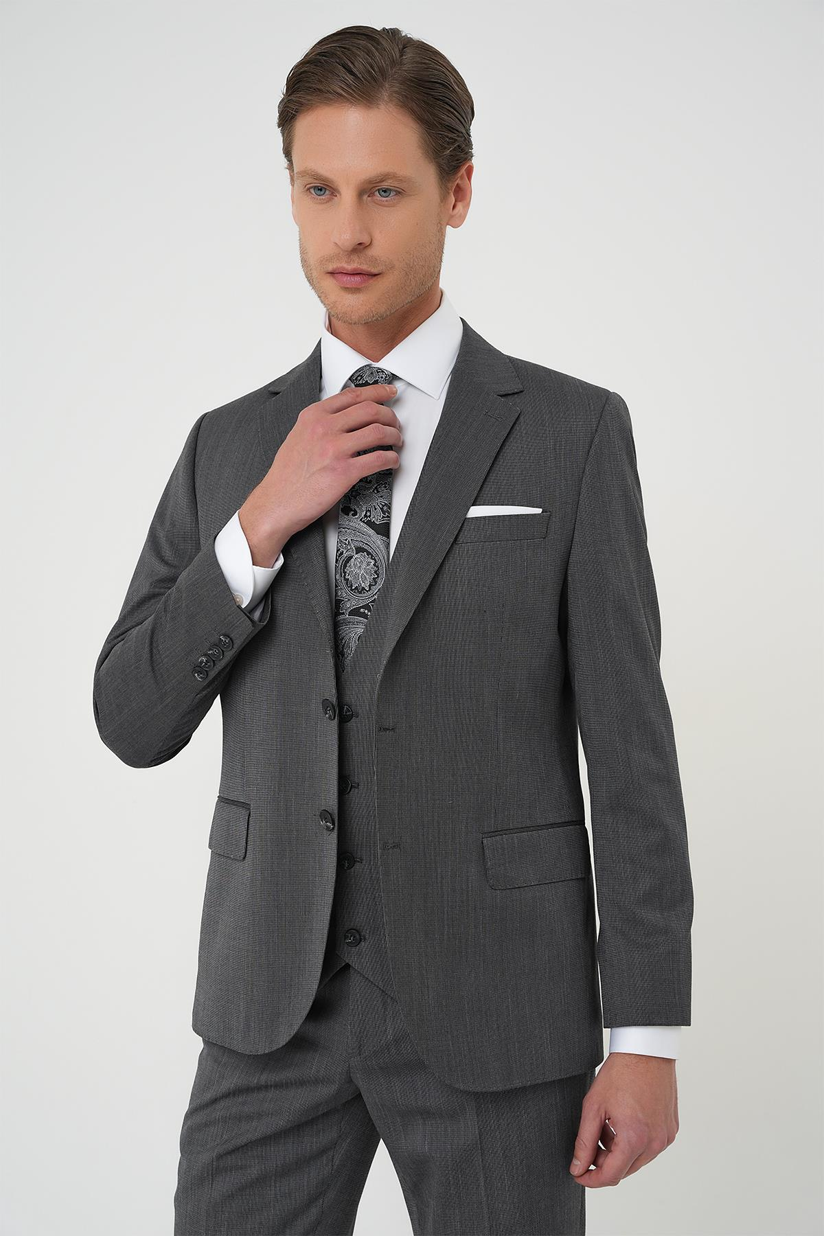 Slim Fit Esnek Yelekli Klasik Füme Takım Elbise Tk 897