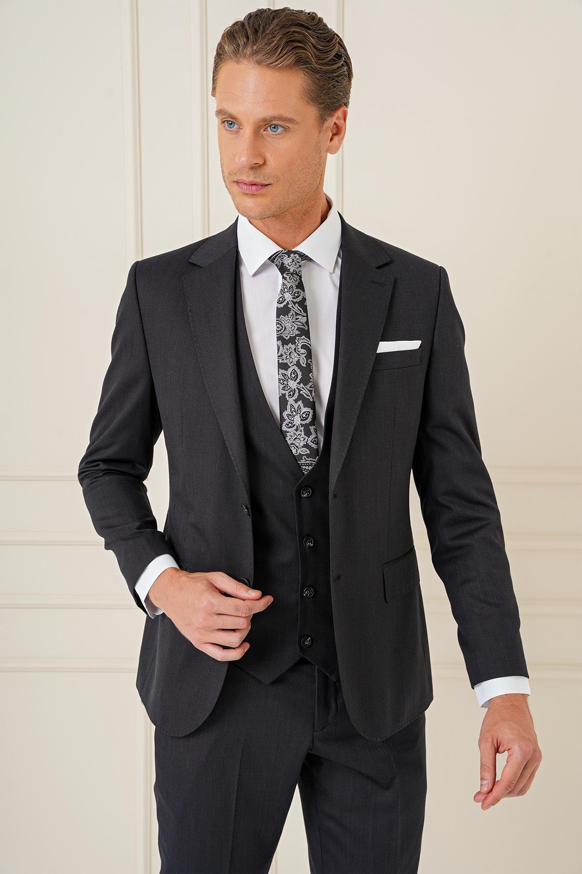 Slim Fit Esnek Yelekli Klasik Siyah Takım Elbise Tk 897