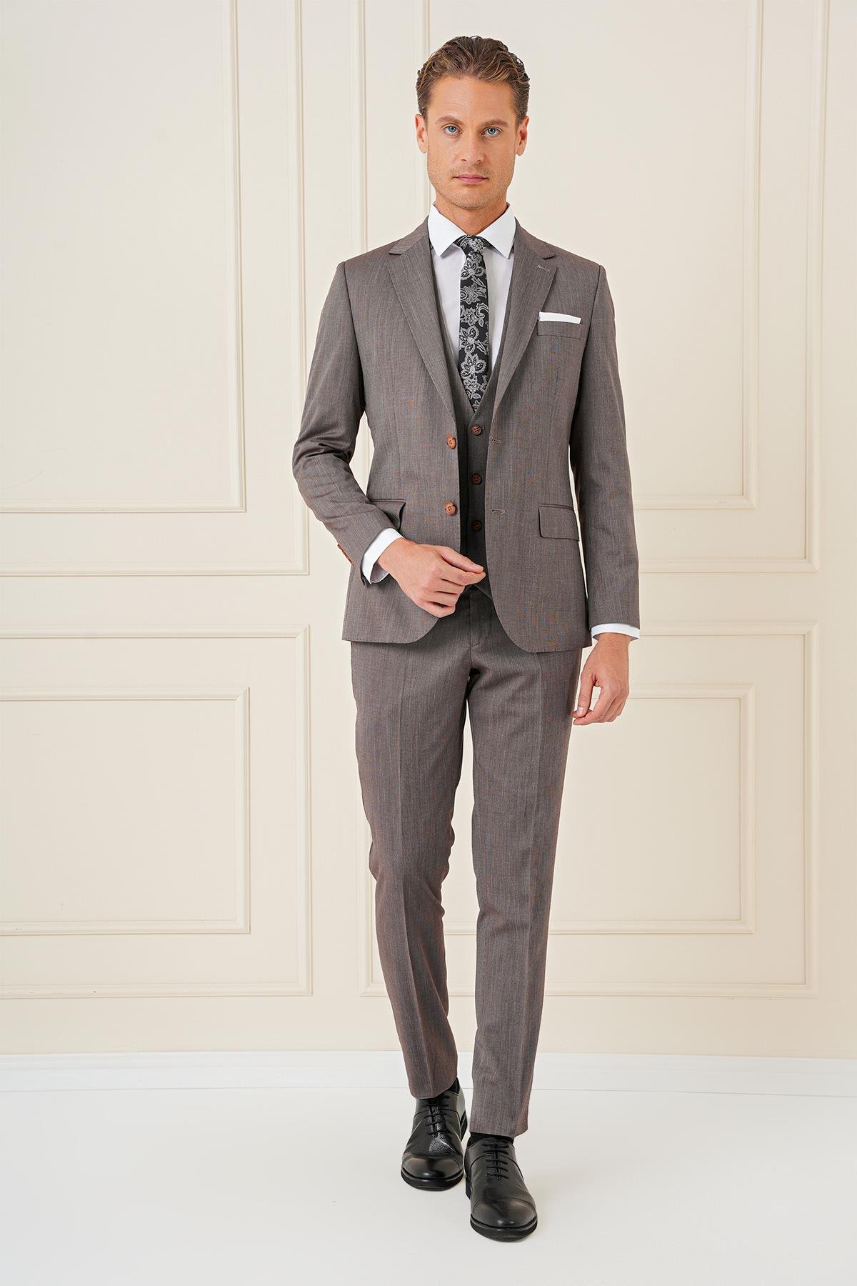 Slim Fit Esnek Yelekli Klasik Vizon Takım Elbise Tk 897