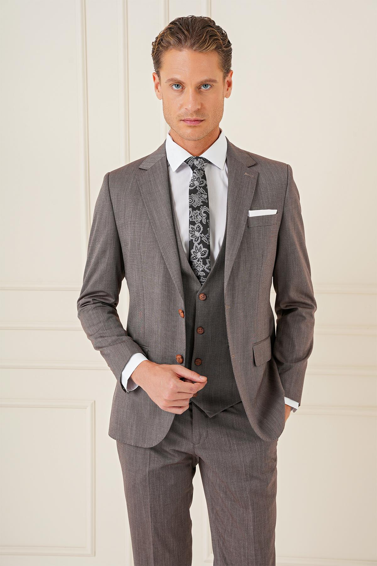 Slim Fit Esnek Yelekli Klasik Vizon Takım Elbise Tk 897