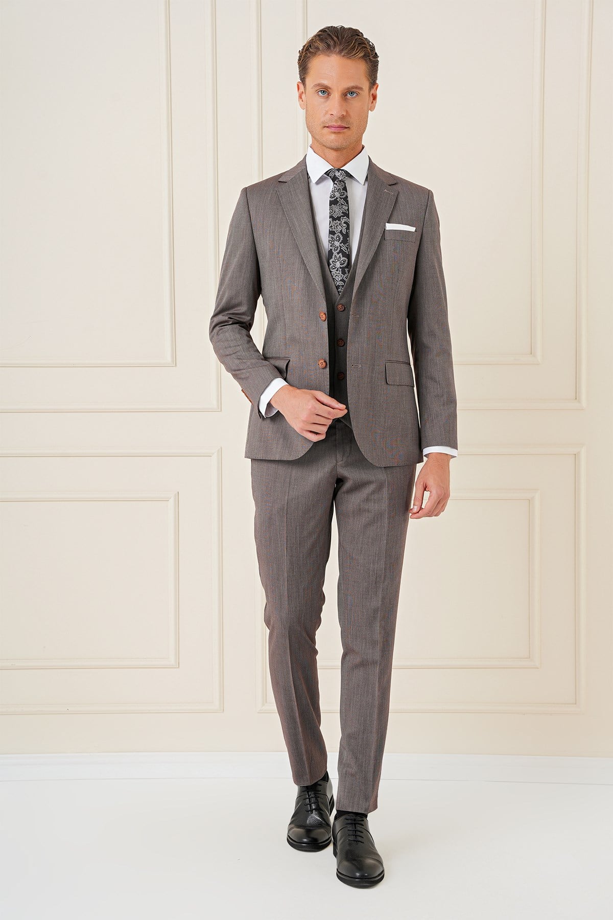 Slim Fit Esnek Yelekli Klasik Vizon Takım Elbise Tk 897