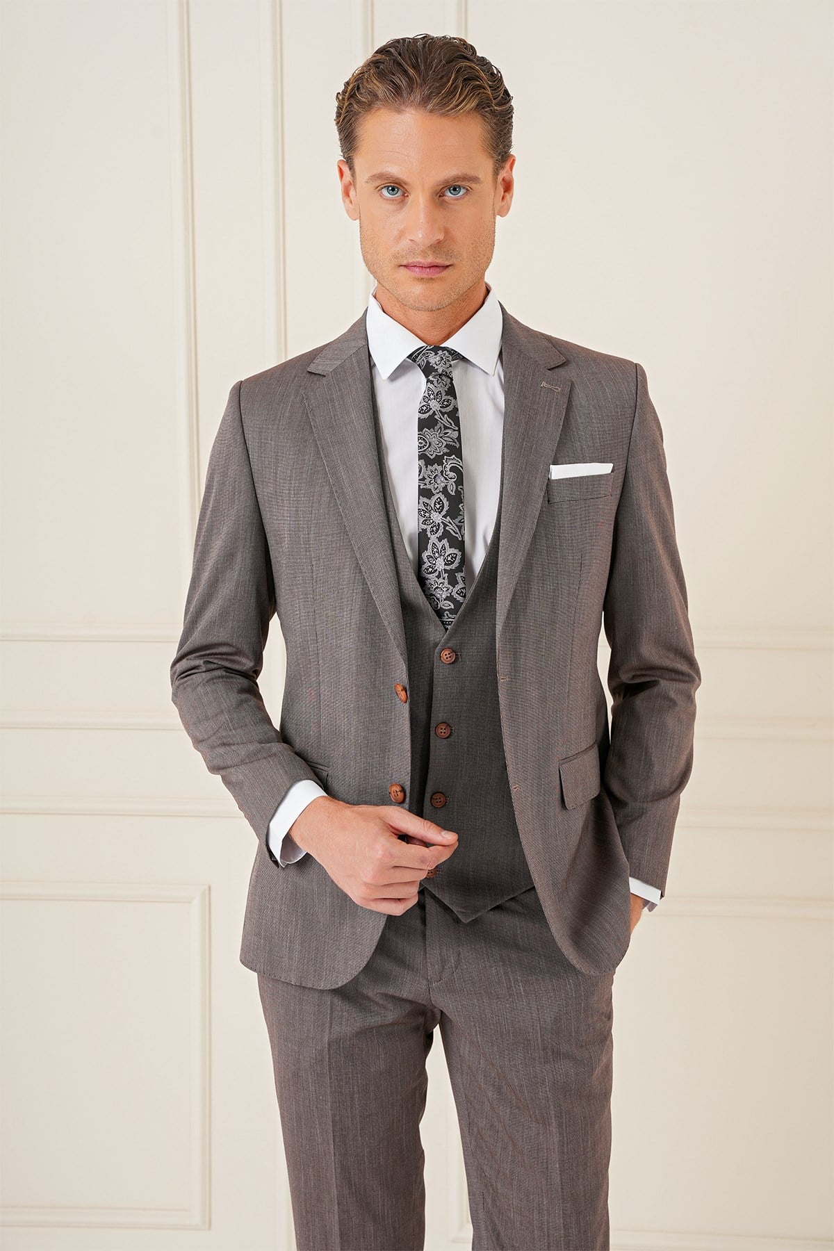 Slim Fit Esnek Yelekli Klasik Vizon Takım Elbise Tk 897