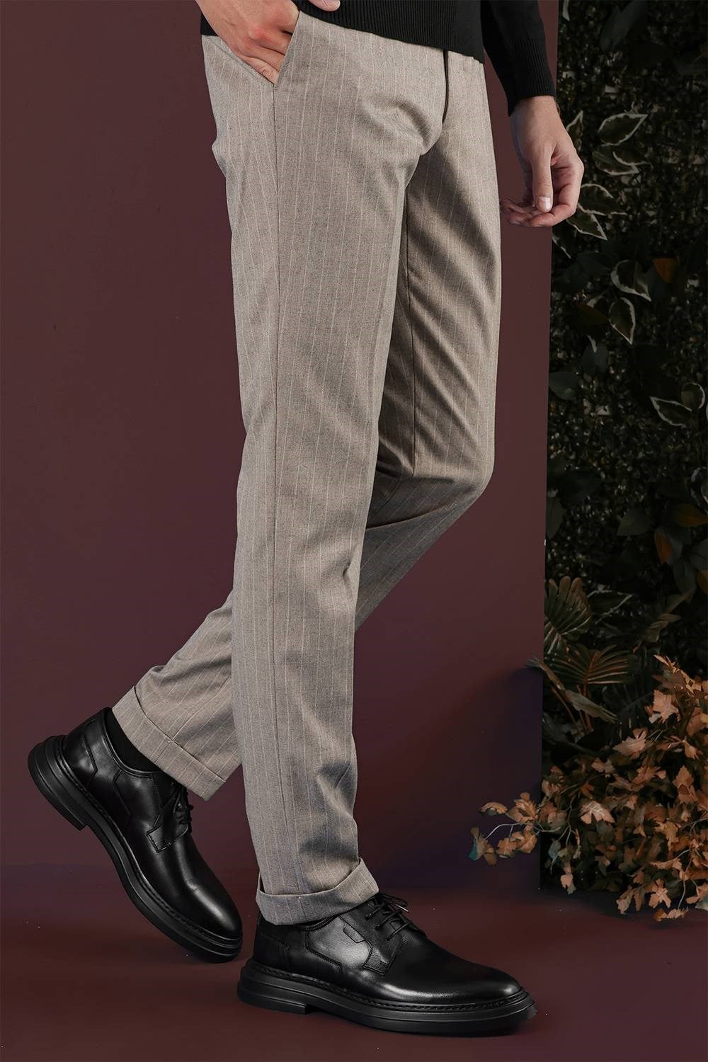 Slim Fit Esnek Yünlü Çizgili Bej Kumaş Pantolon P 1134