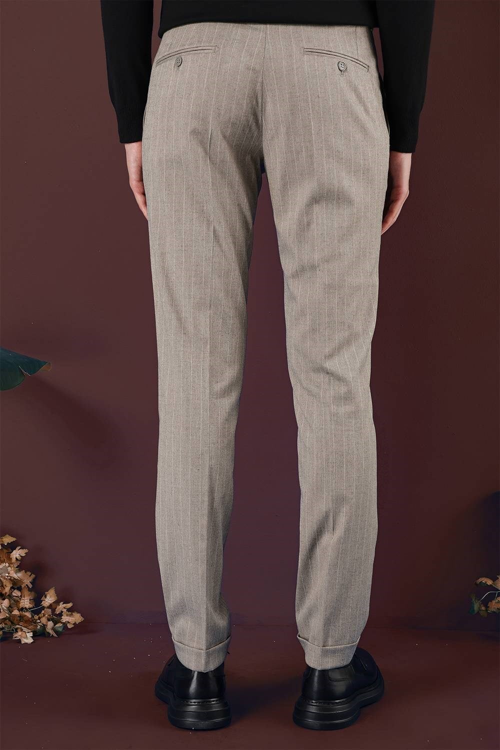 Slim Fit Esnek Yünlü Çizgili Bej Kumaş Pantolon P 1134