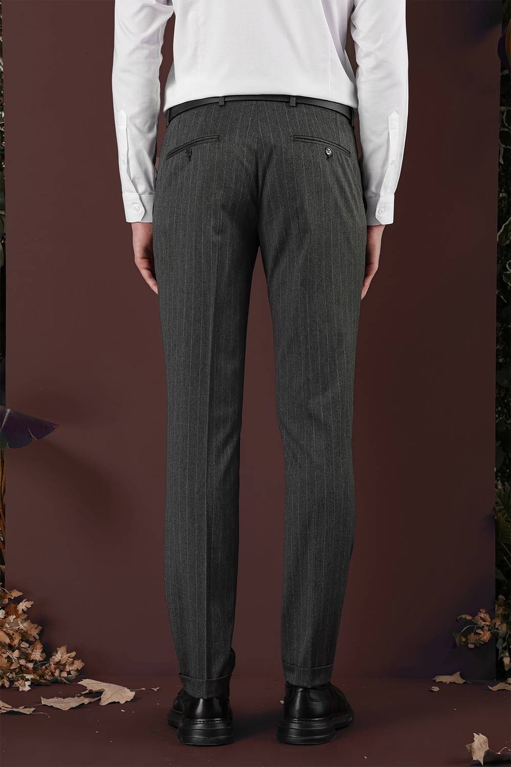 Slim Fit Esnek Yünlü Çizgili Füme Kumaş Pantolon P 1134