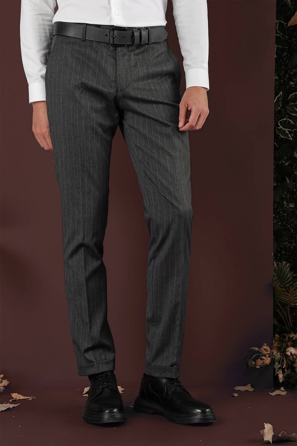 Slim Fit Esnek Yünlü Çizgili Füme Kumaş Pantolon P 1134
