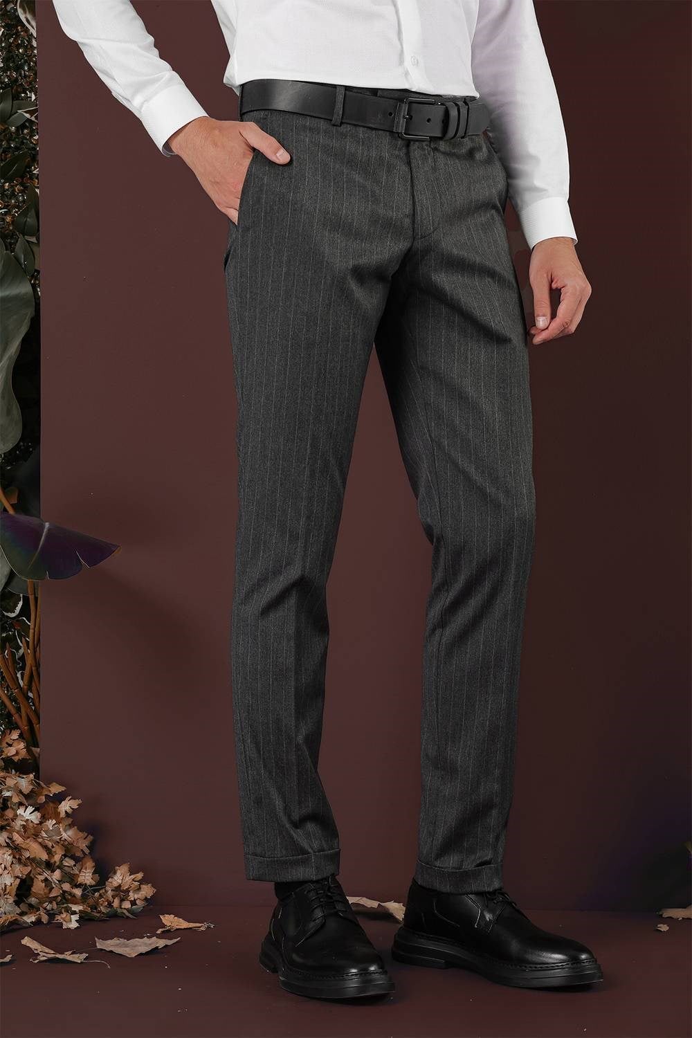Slim Fit Esnek Yünlü Çizgili Füme Kumaş Pantolon P 1134