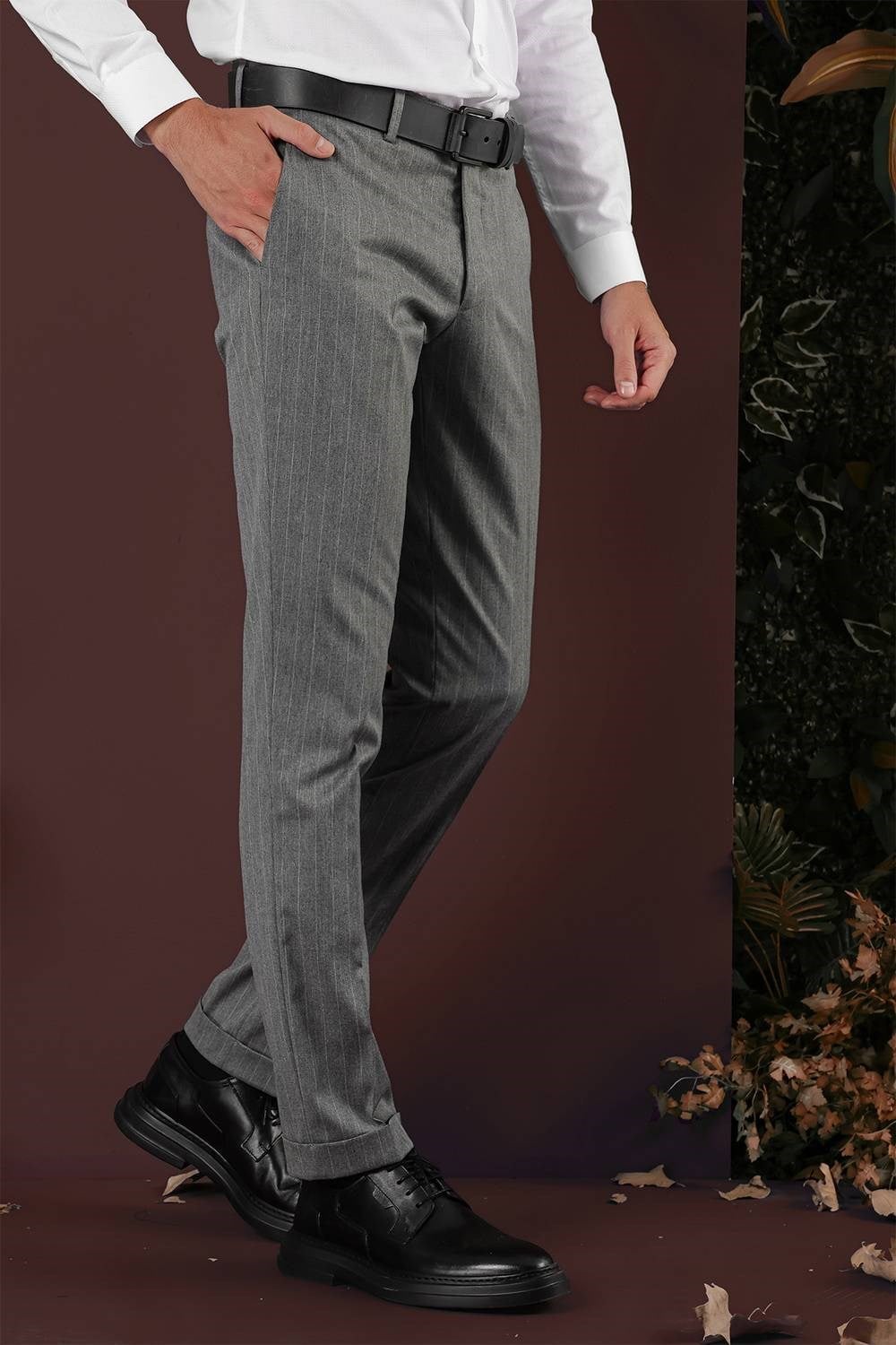 Slim Fit Esnek Yünlü Çizgili Gri Kumaş Pantolon P 1134