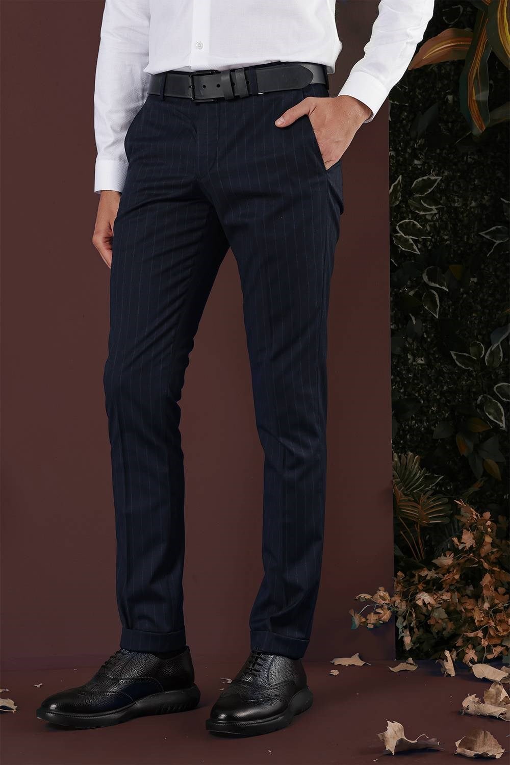 Slim Fit Esnek Yünlü Çizgili Lacivert Kumaş Pantolon P 1134