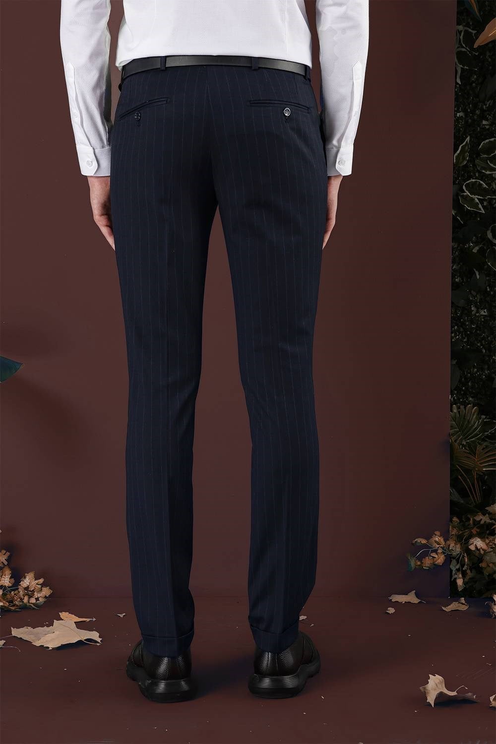 Slim Fit Esnek Yünlü Çizgili Lacivert Kumaş Pantolon P 1134
