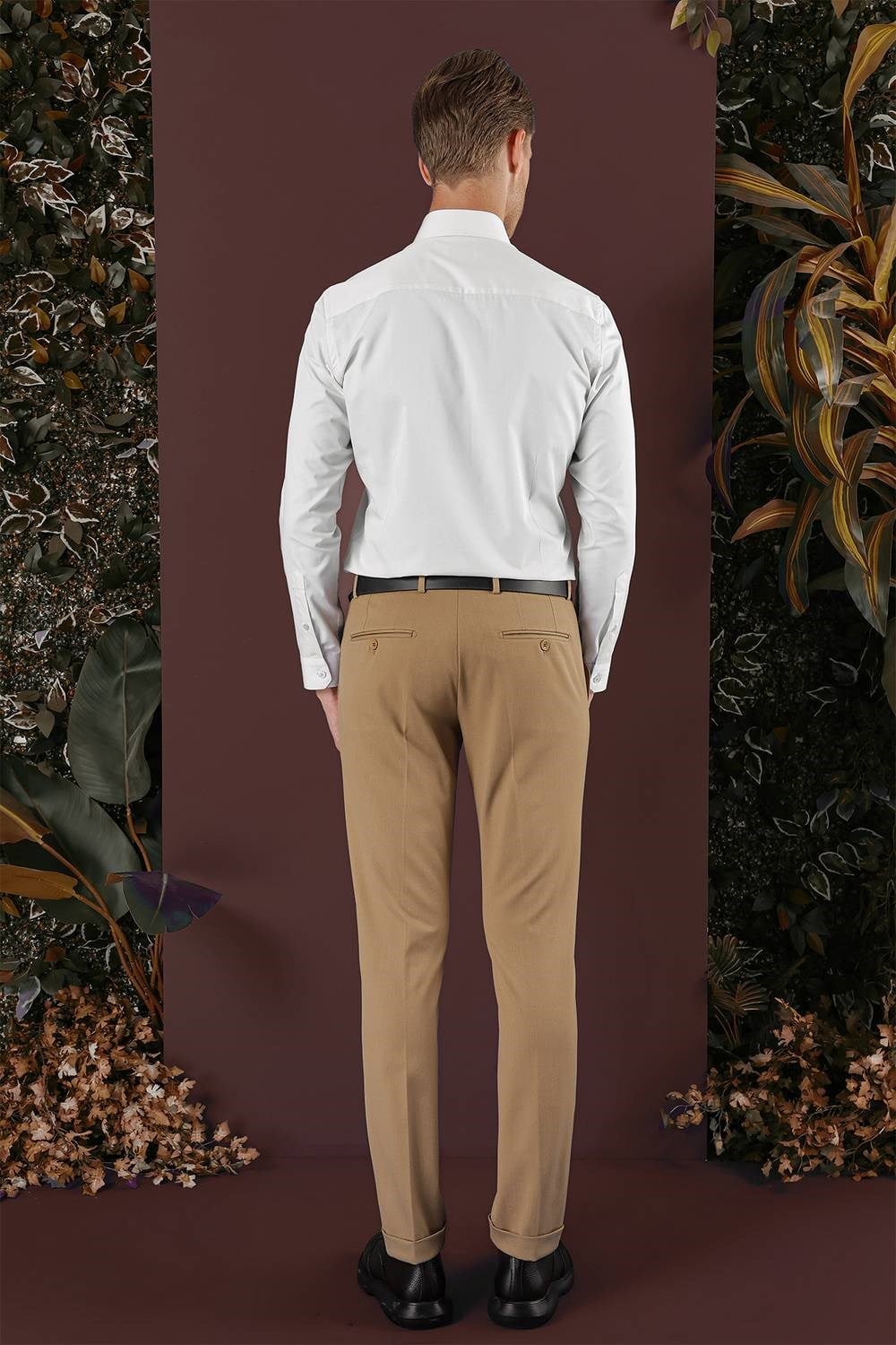 Slim Fit Esnek Yünlü Duble Paça Düz Taba Kumaş Pantolon P 1137