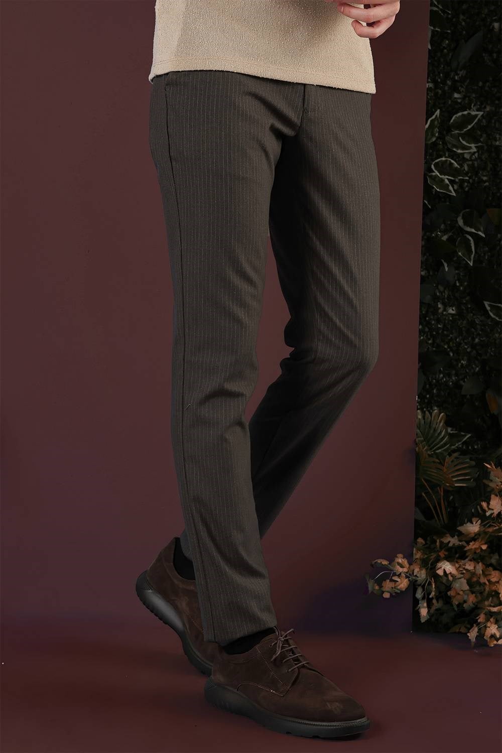 Slim Fit Esnek Yünlü İnce Çizgili Kahverengi Pantolon P 1136