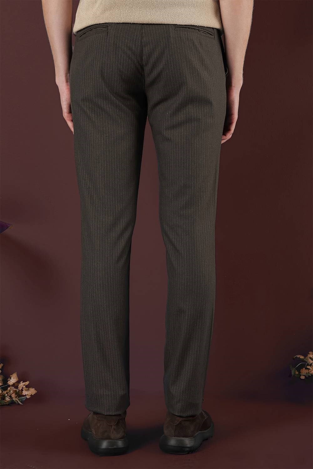 Slim Fit Esnek Yünlü İnce Çizgili Kahverengi Pantolon P 1136