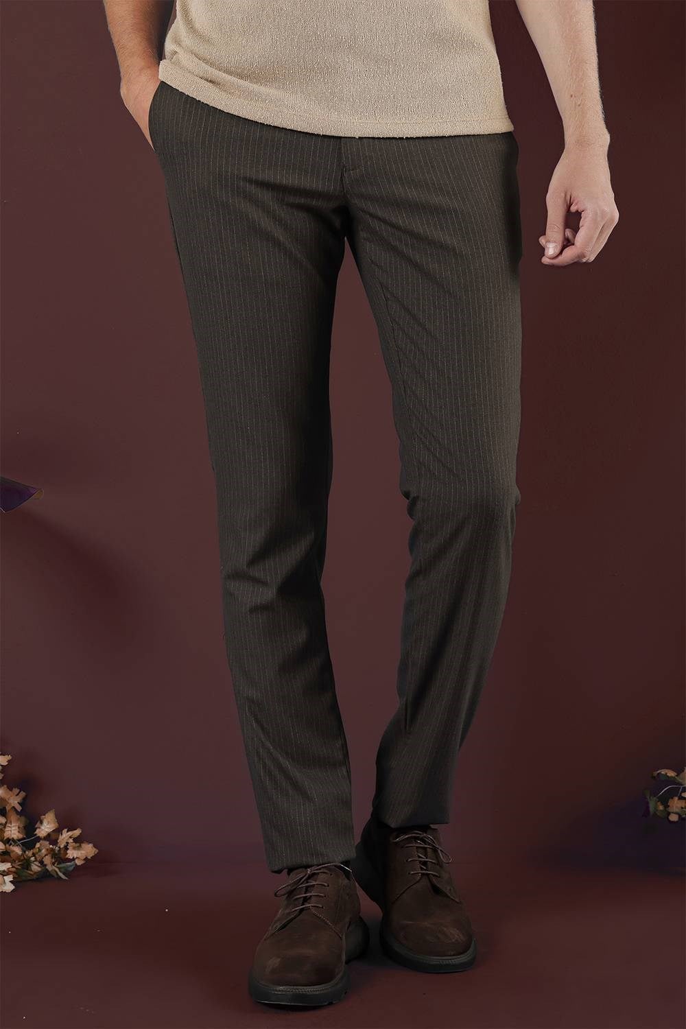 Slim Fit Esnek Yünlü İnce Çizgili Kahverengi Pantolon P 1136