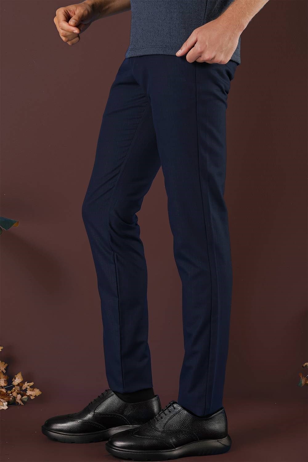 Slim Fit Esnek Yünlü İnce Çizgili Lacivert Pantolon P 1136