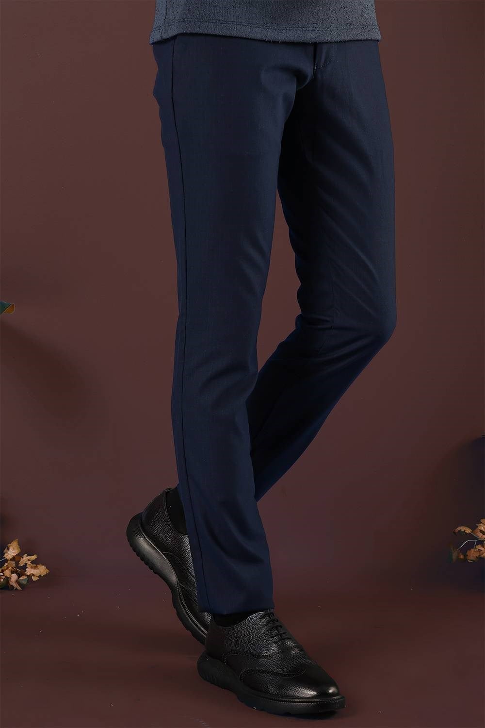 Slim Fit Esnek Yünlü İnce Çizgili Lacivert Pantolon P 1136