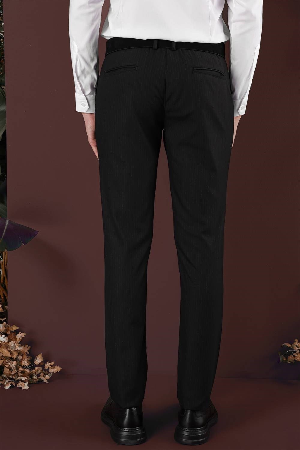 Slim Fit Esnek Yünlü İnce Çizgili Siyah Pantolon P 1136