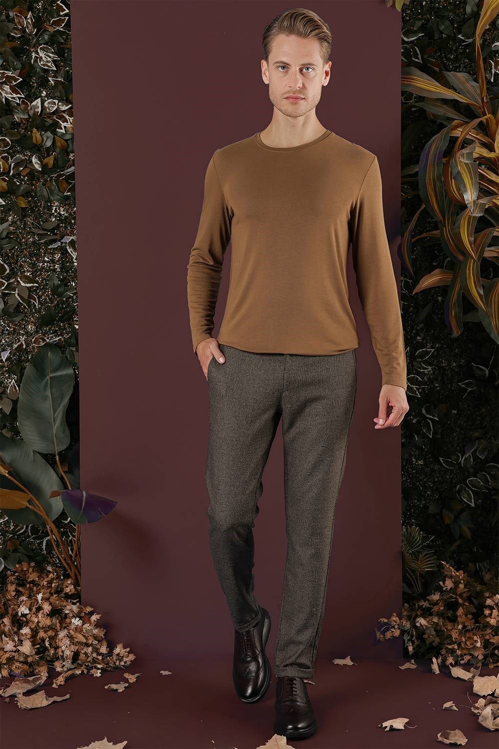 Slim Fit Esnek Yünlü Kırçıllı Dokuma Kahverengi Pantolon P 1138