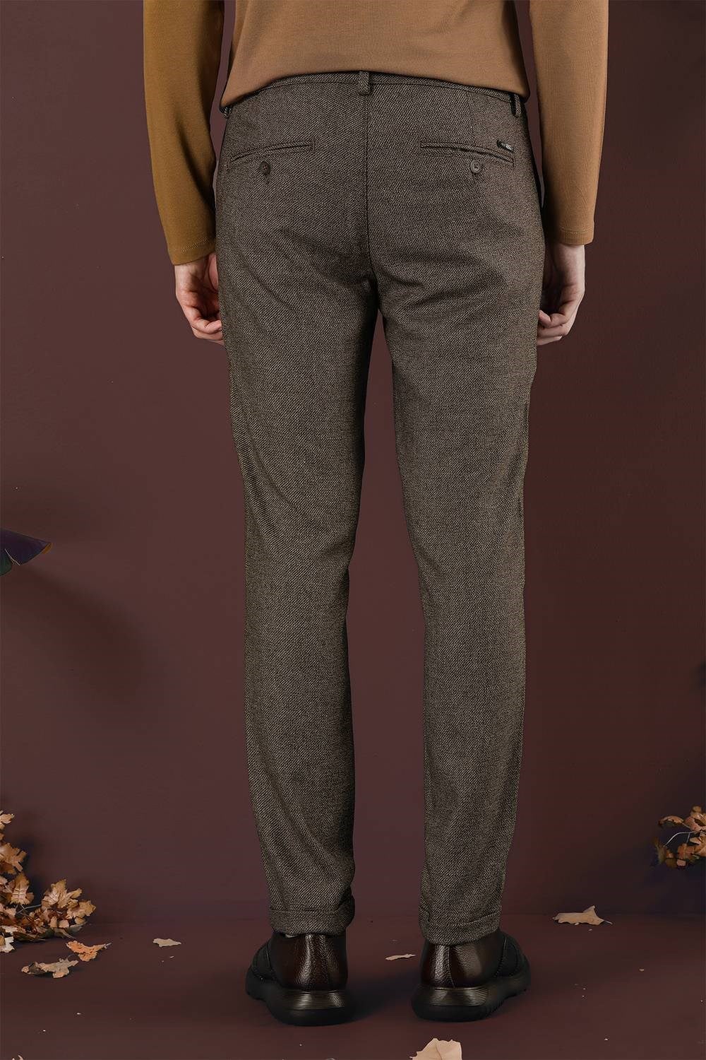 Slim Fit Esnek Yünlü Kırçıllı Dokuma Kahverengi Pantolon P 1138