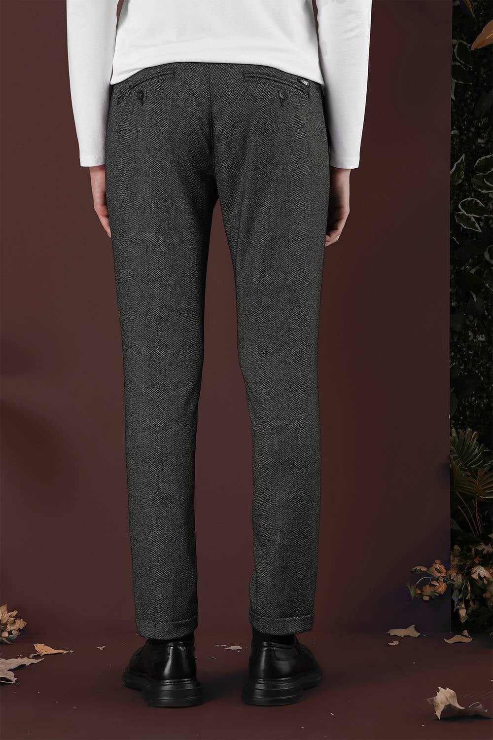 Slim Fit Esnek Yünlü Kırçıllı Dokuma Siyah Pantolon P 1138