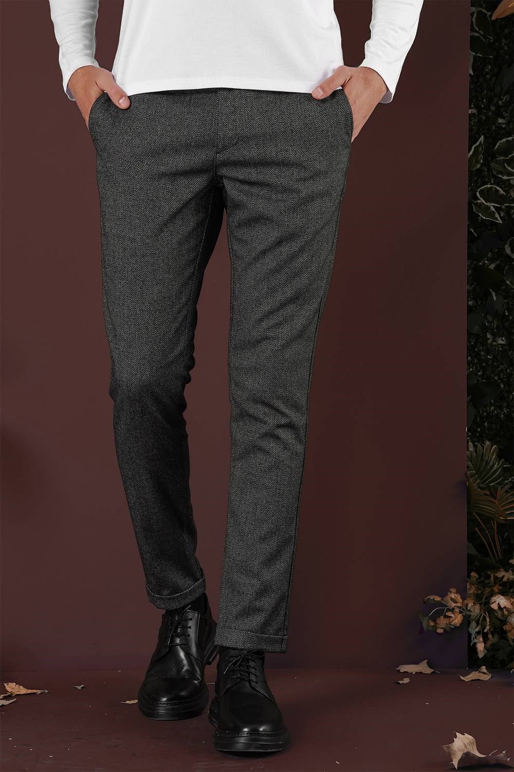 Slim Fit Esnek Yünlü Kırçıllı Dokuma Siyah Pantolon P 1138
