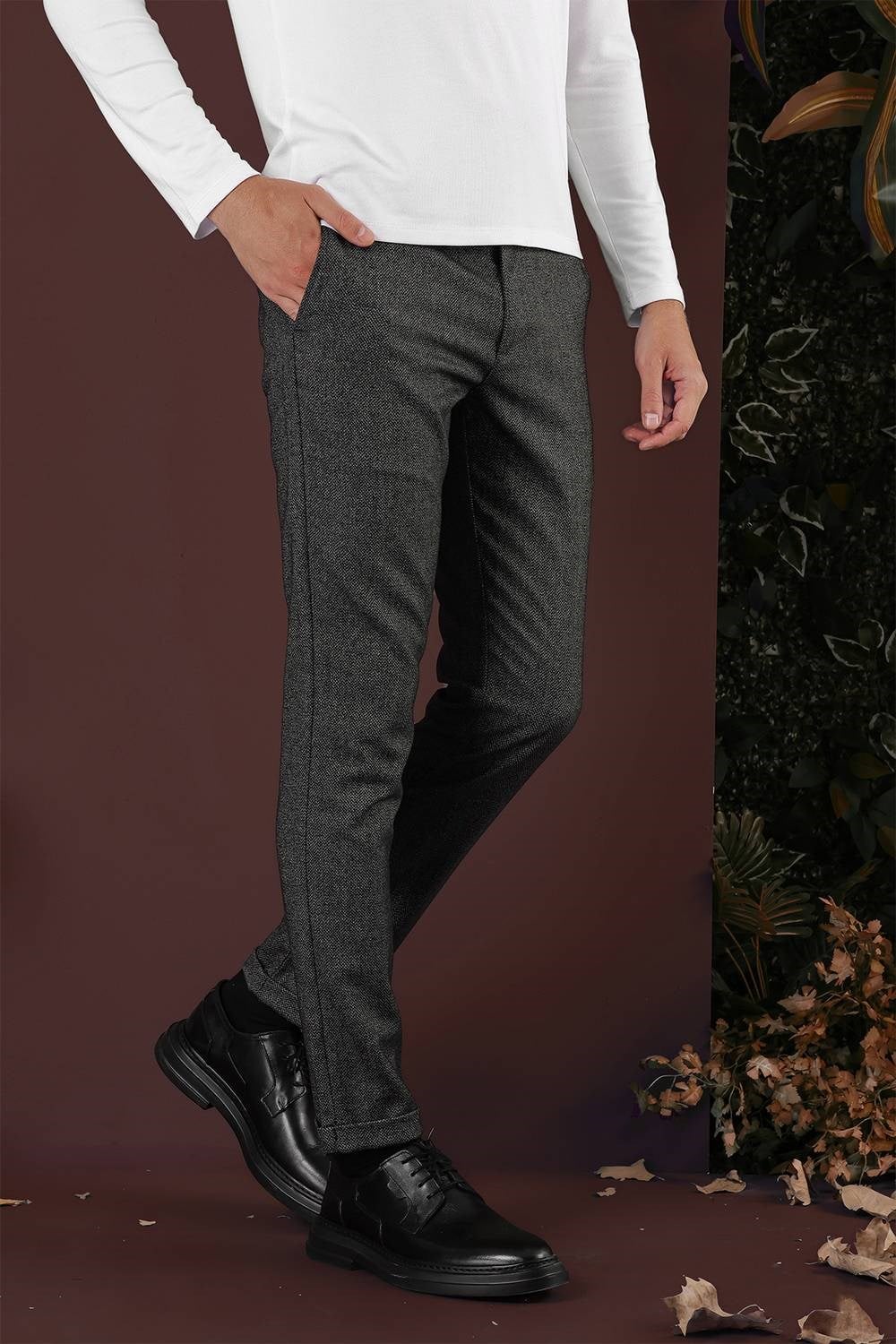 Slim Fit Esnek Yünlü Kırçıllı Dokuma Siyah Pantolon P 1138
