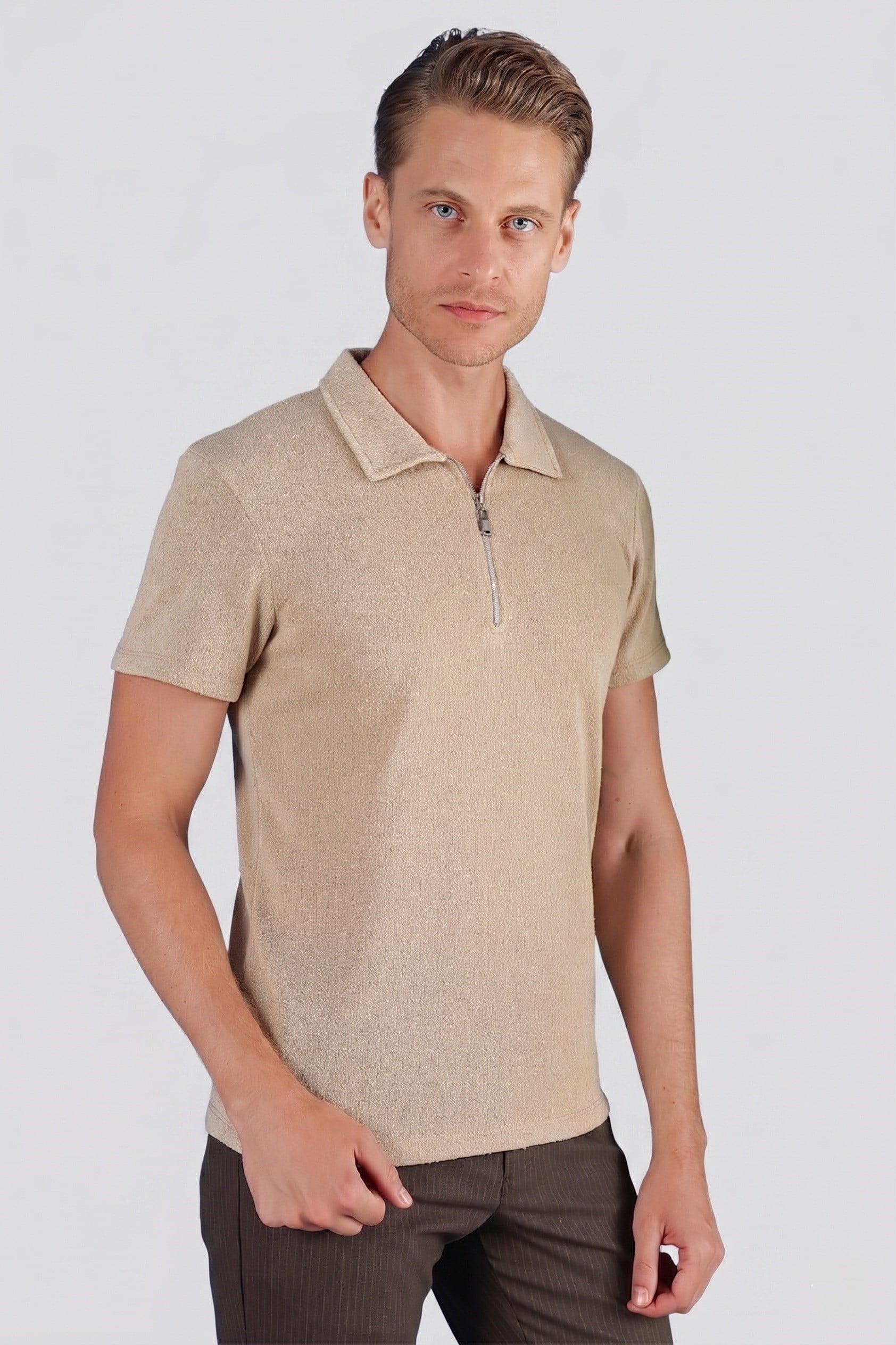 Slim Fit Fermuarlı Pamuklu Bej Polo Yaka Tişört Ts 871