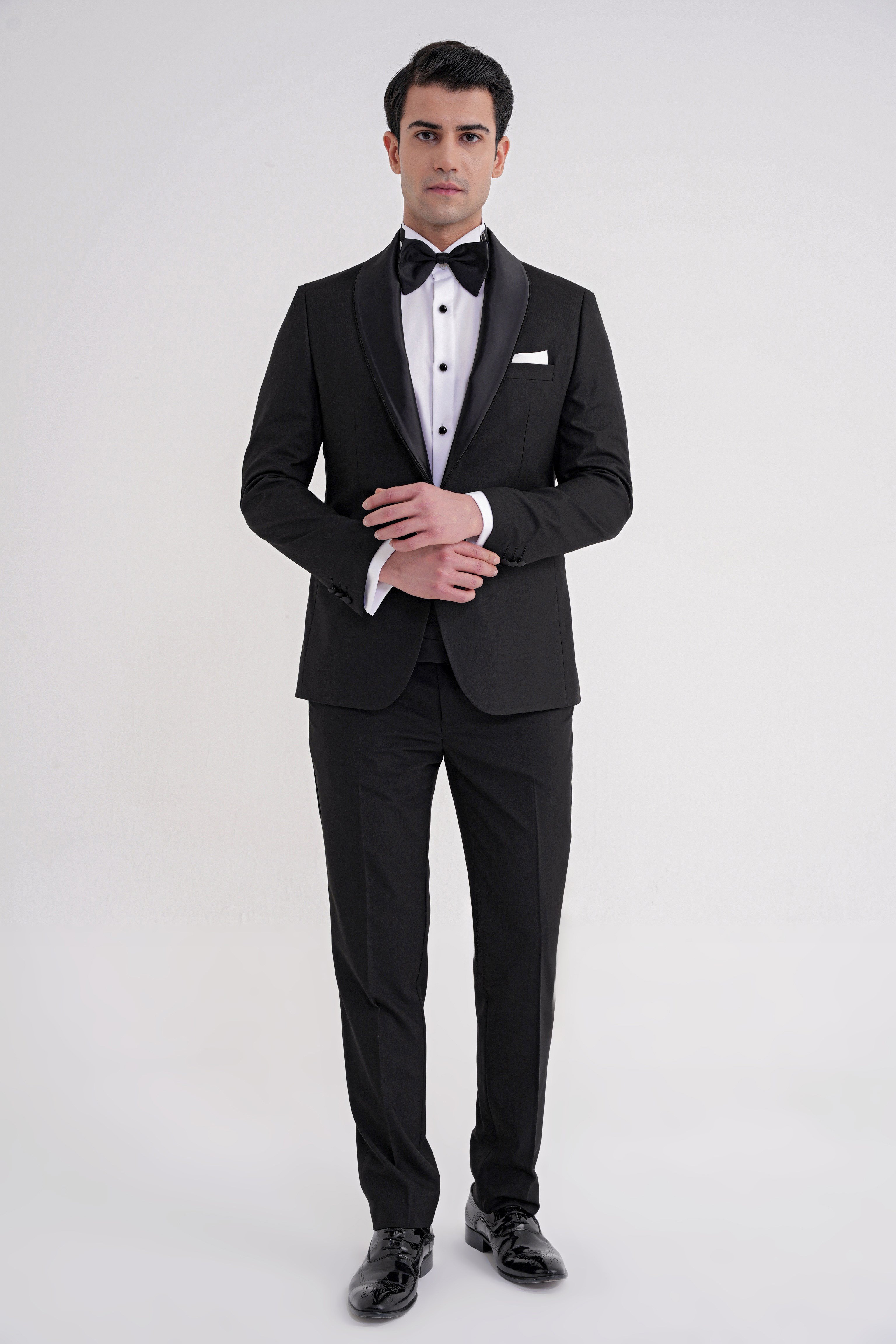 Slim Fit Fleto Cep Çıkarılabilir Saten Şal Yaka Siyah Damatlık Smokin Takım Black 086