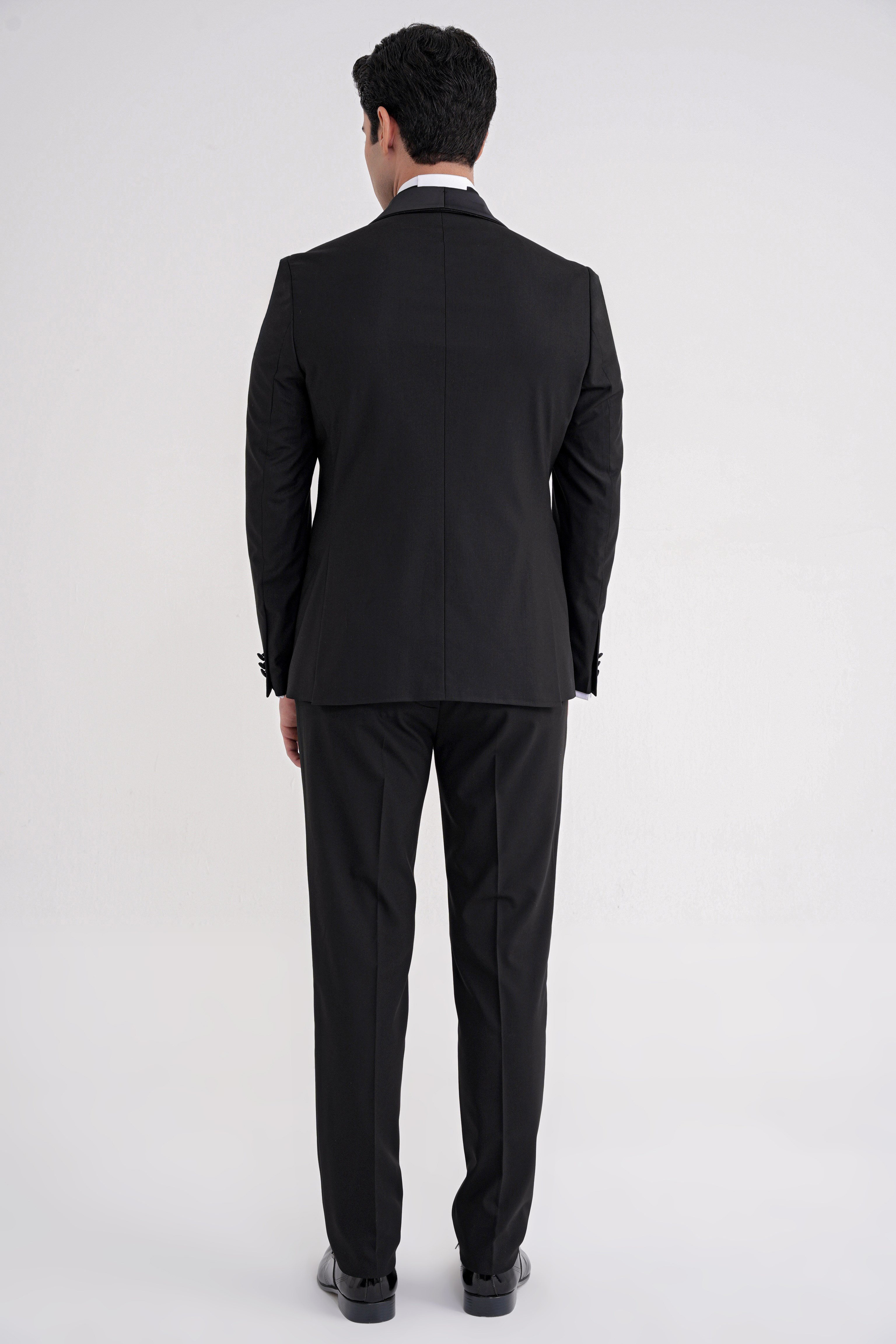 Slim Fit Fleto Cep Çıkarılabilir Saten Şal Yaka Siyah Damatlık Smokin Takım Black 086
