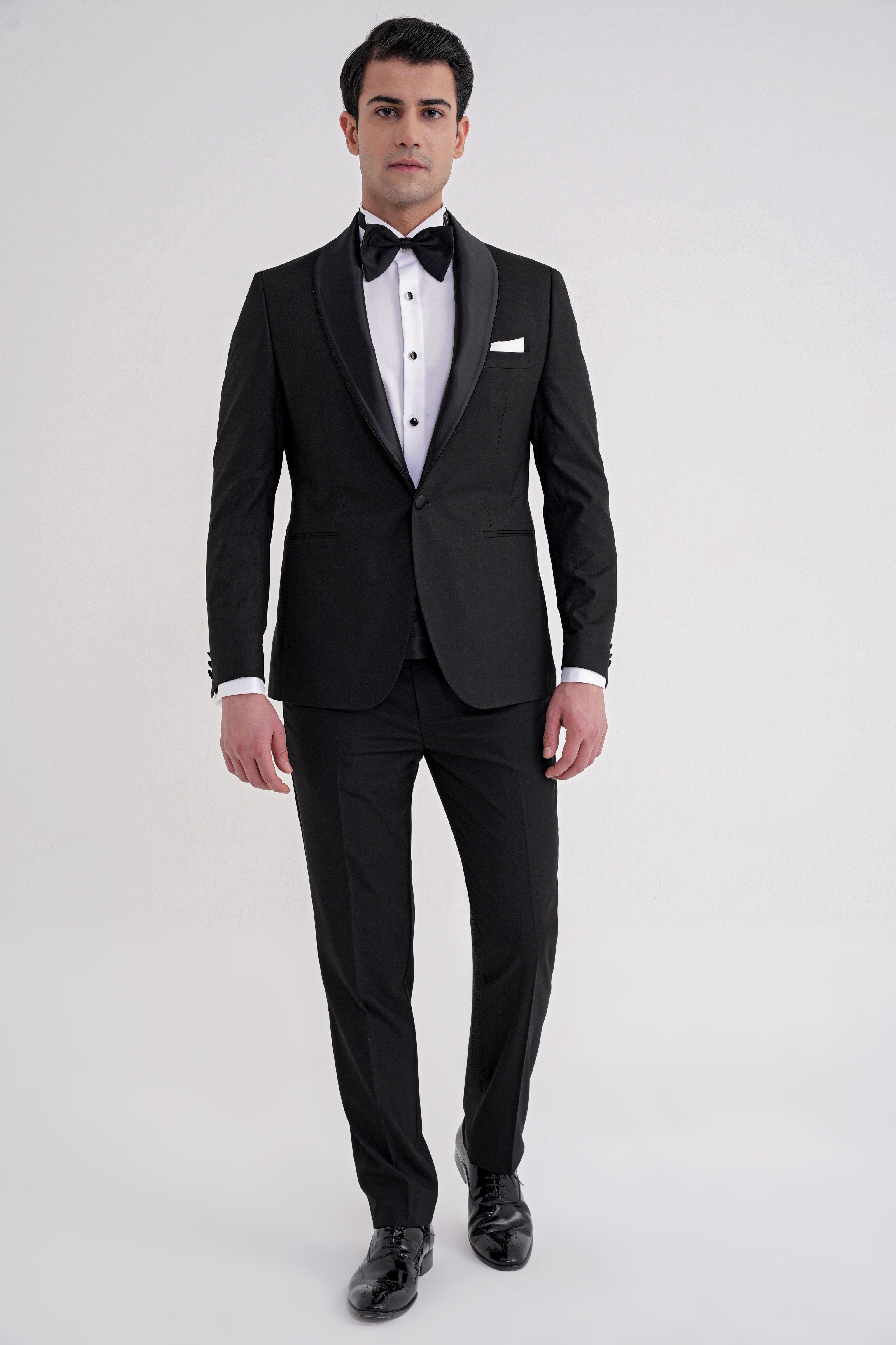 Slim Fit Fleto Cep Çıkarılabilir Saten Şal Yaka Siyah Damatlık Smokin Takım Black 086