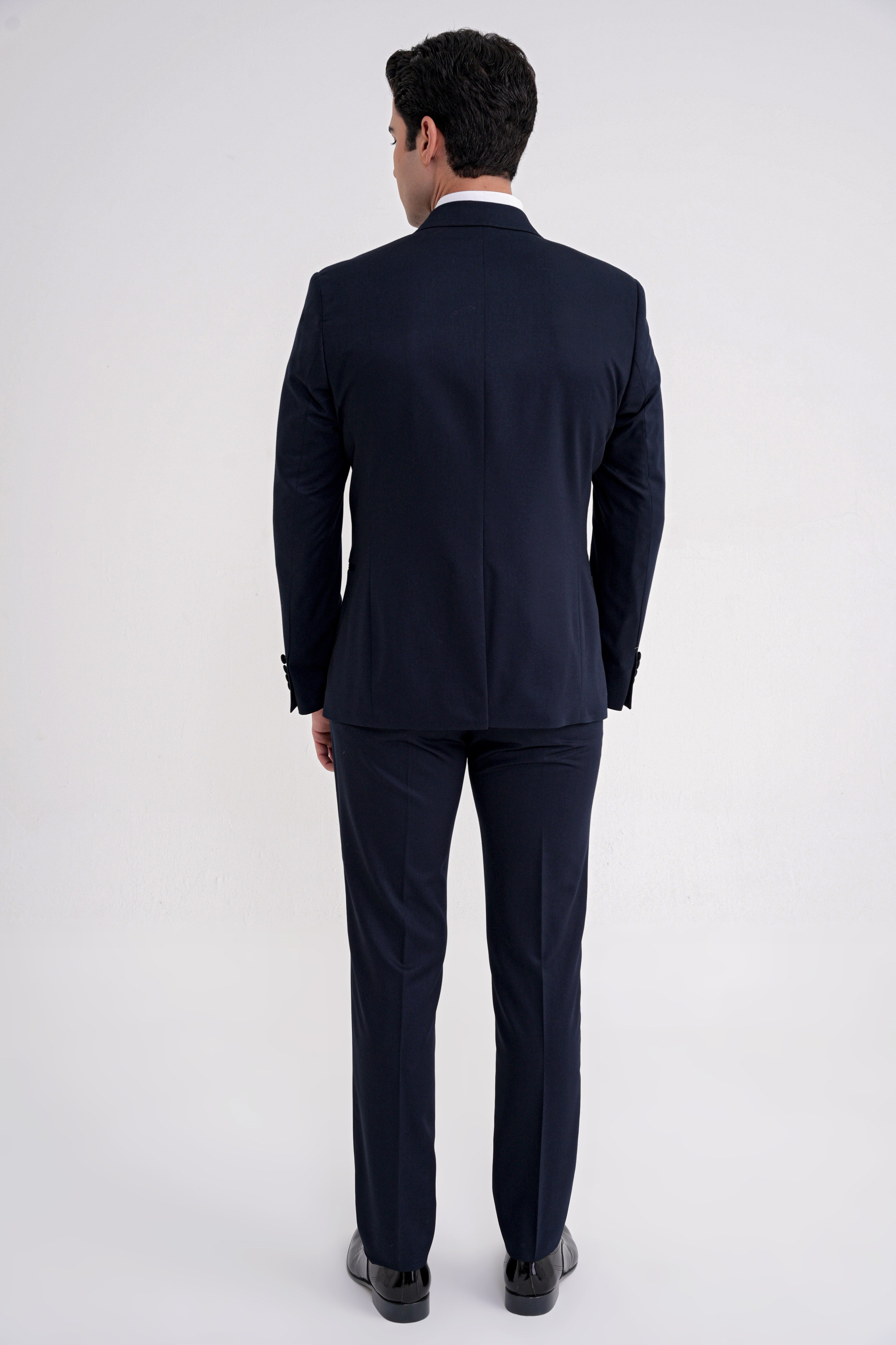 Slim Fit Fleto Cep Çıkarılabilir Saten Yaka Düz Lacivert Damatlık Smokin Takım Altro 032