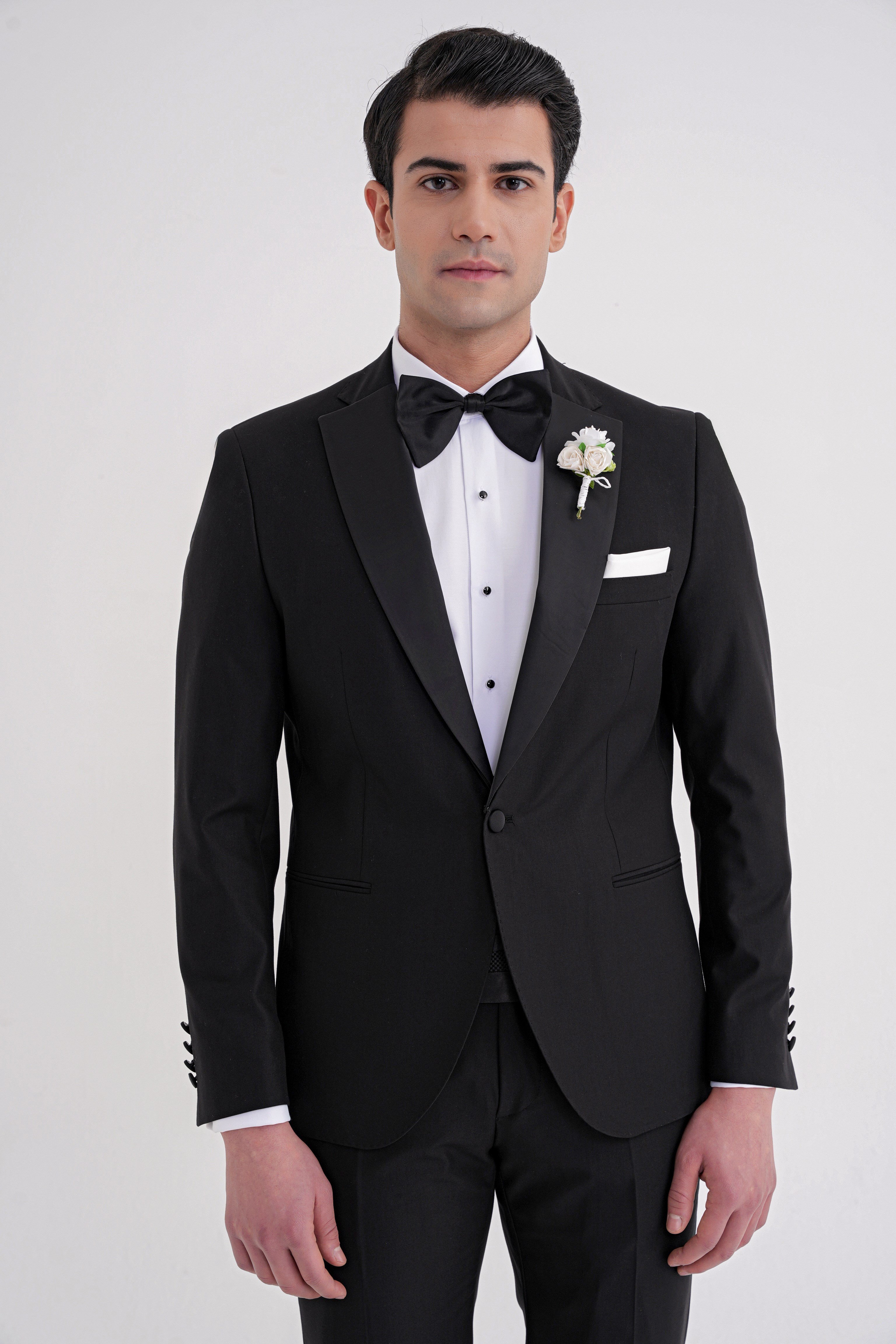 Slim Fit Fleto Cep Çıkarılabilir Saten Yaka Düz Siyah Damatlık Smokin Takım Altro 032