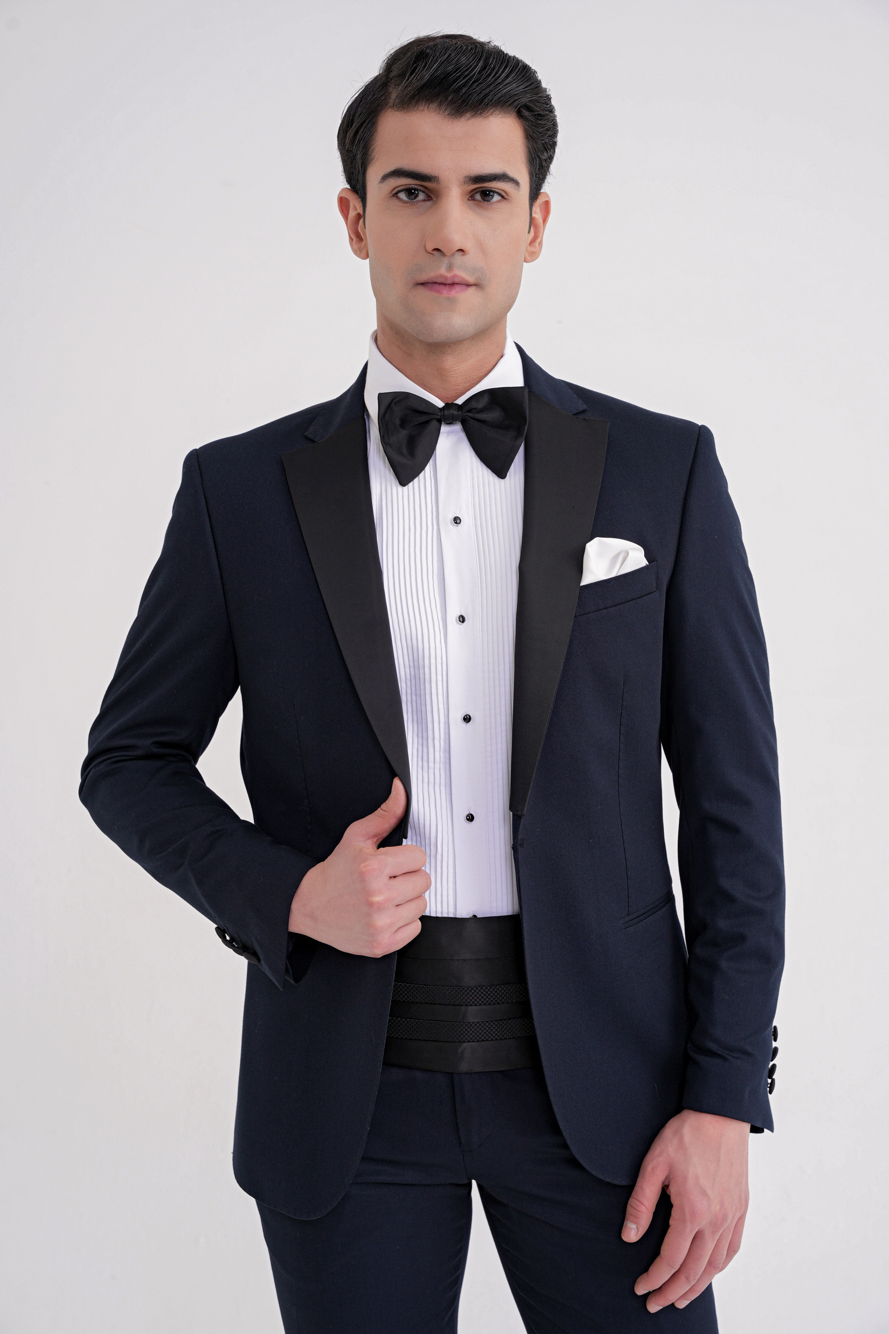 Slim Fit Fleto Cep Çıkarılabilir Saten Yaka Düz Lacivert Damatlık Smokin Takım Altro 032