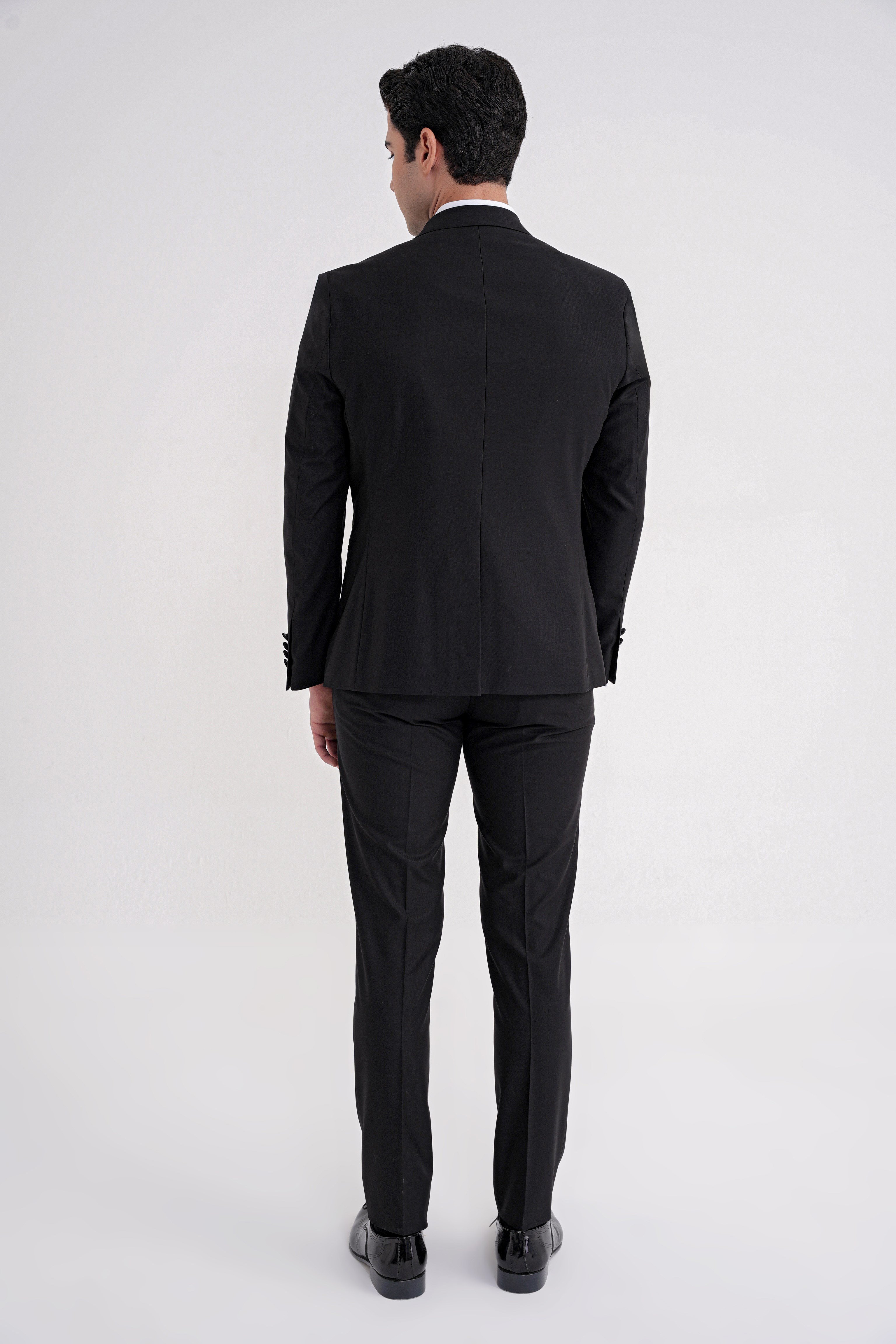 Slim Fit Fleto Cep Çıkarılabilir Saten Yaka Düz Siyah Damatlık Smokin Takım Altro 032