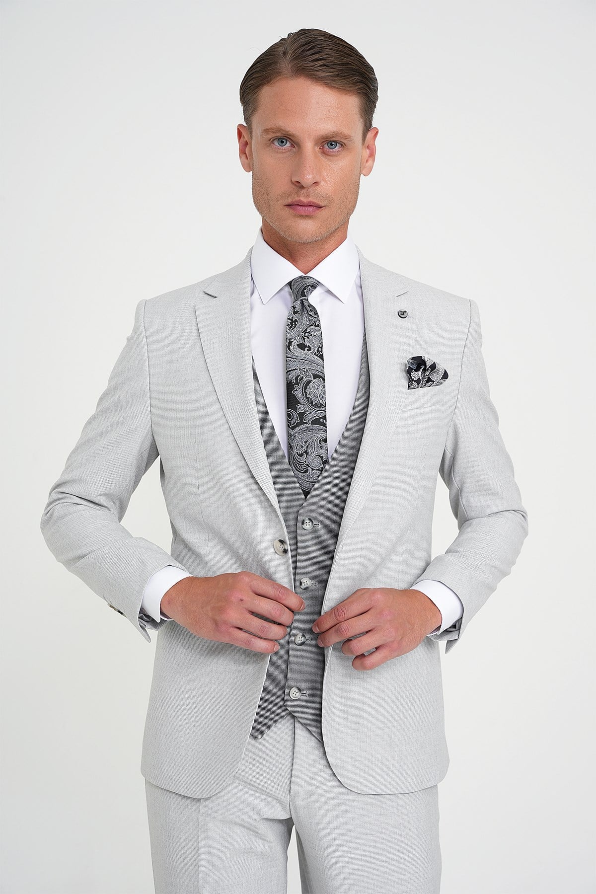 Slim Fit Fleto Cep Pötikare Desenli Yelekli Gri Takım Elbise Tk 922