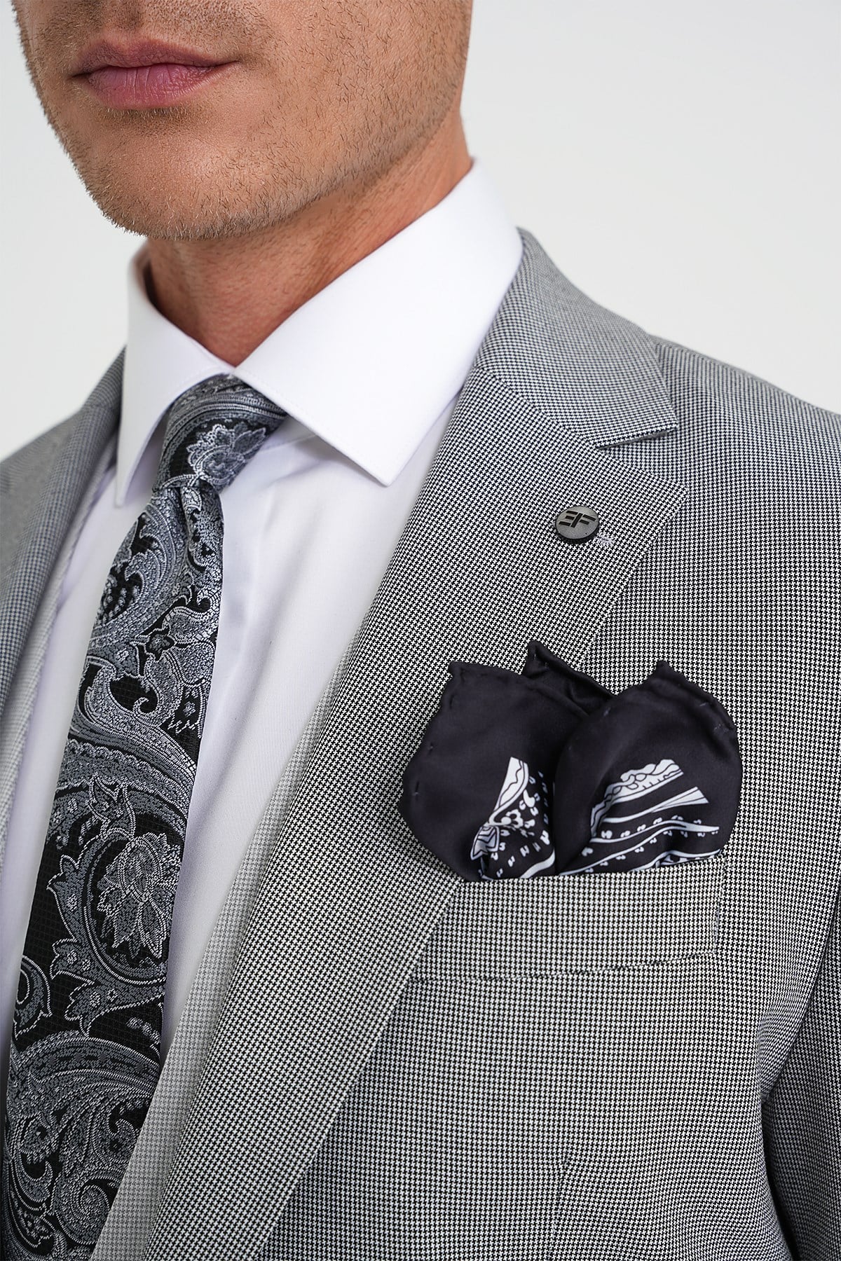 Slim Fit Fleto Cep Pötikare Desenli Yelekli Siyah Takım Elbise Tk 922