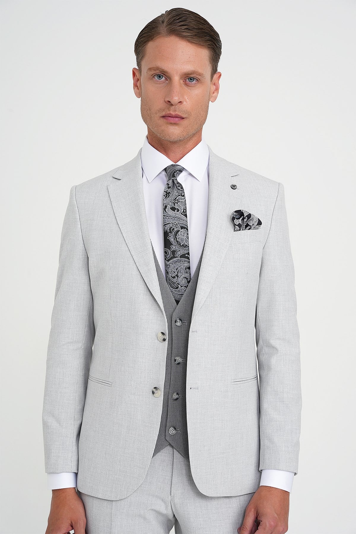 Slim Fit Fleto Cep Pötikare Desenli Yelekli Gri Takım Elbise Tk 922