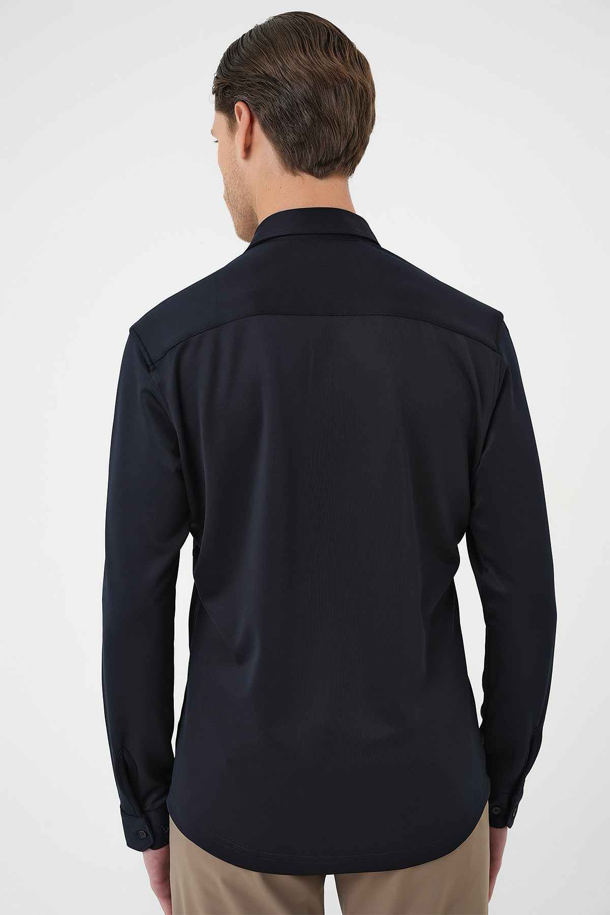 Slim Fit Gizli Düğme Yakalı Esnek Pamuk Lacivert Gömlek G 1583