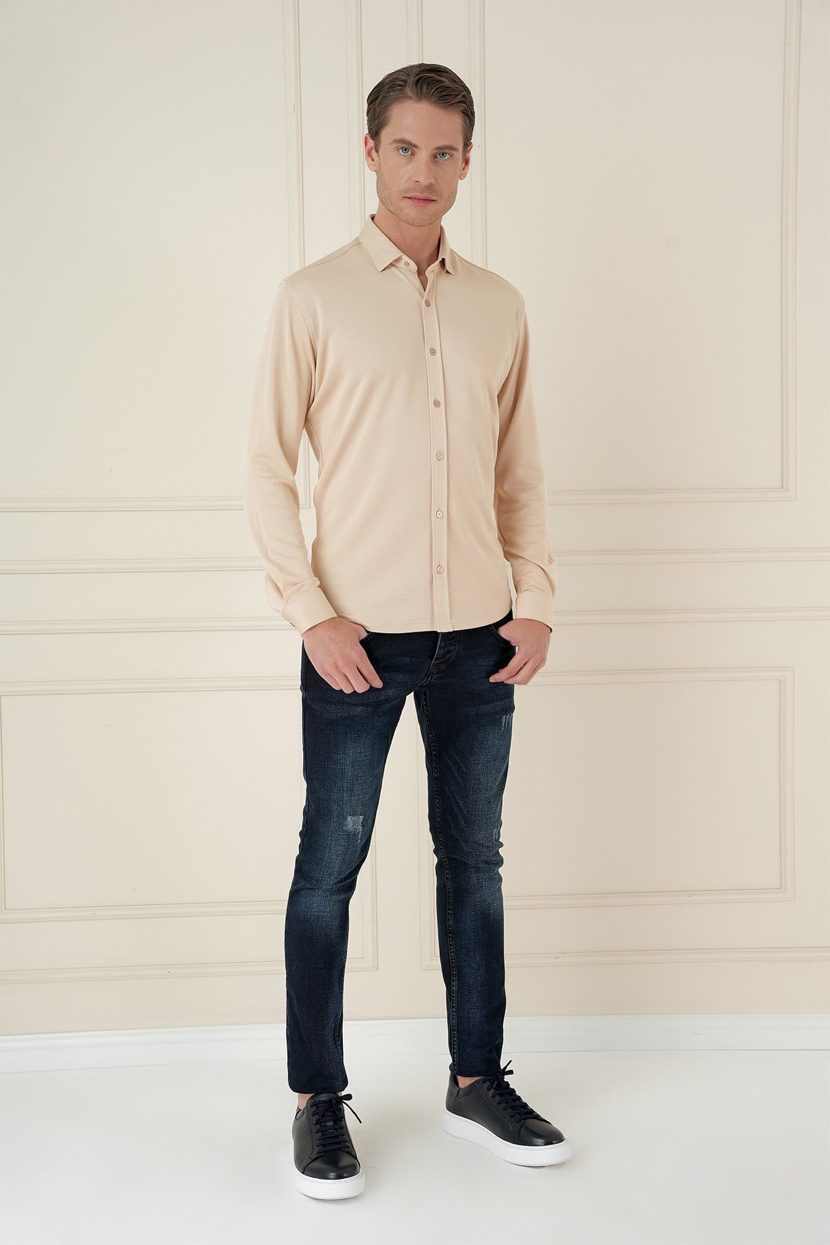 Slim Fit Gizli Düğme Yakalı Esnek Pamuk Bej Gömlek G 1583