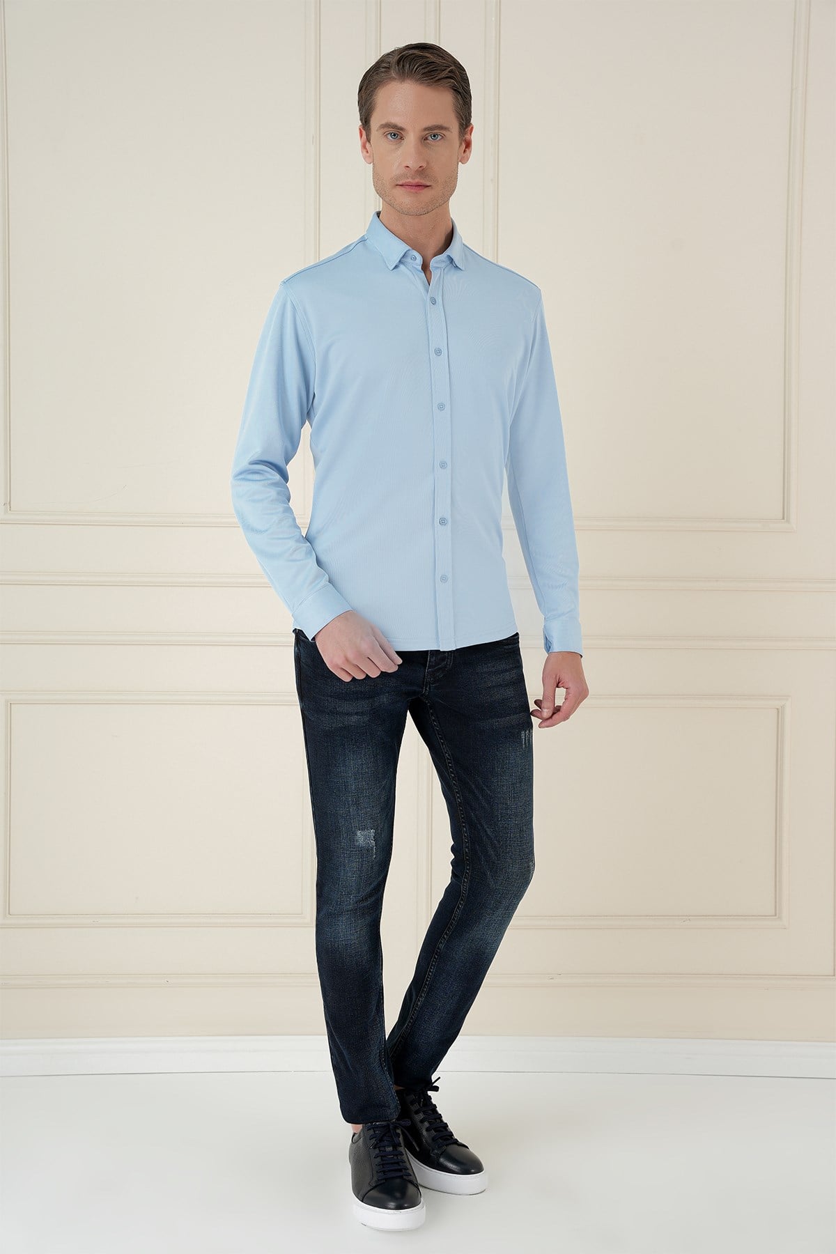 Slim Fit Gizli Düğme Yakalı Esnek Pamuk Mavi Gömlek G 1583