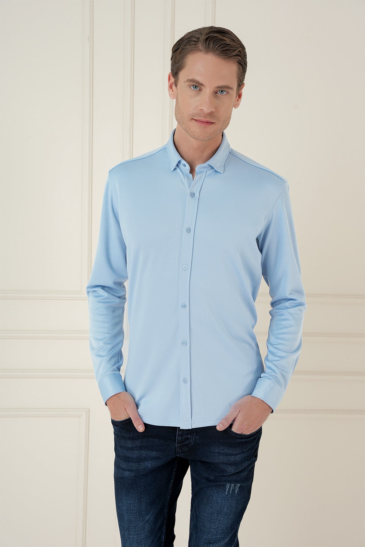 Slim Fit Gizli Düğme Yakalı Esnek Pamuk Mavi Gömlek G 1583