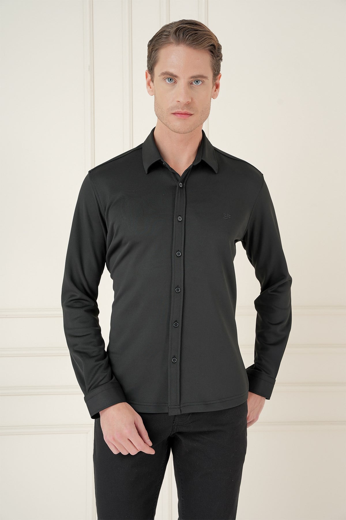 Slim Fit Gizli Düğme Yakalı Esnek Pamuk Siyah Gömlek G 1583