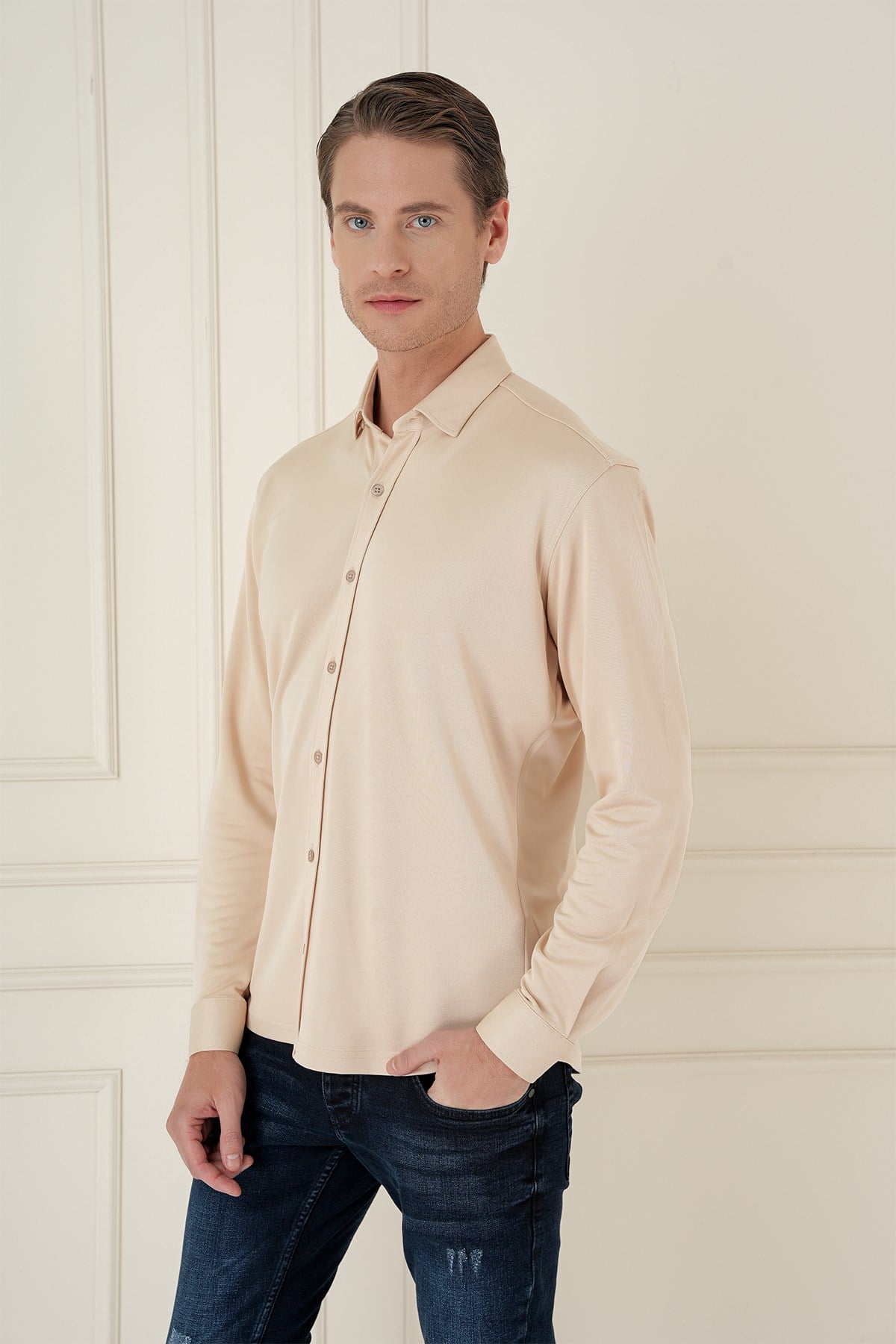 Slim Fit Gizli Düğme Yakalı Esnek Pamuk Bej Gömlek G 1583