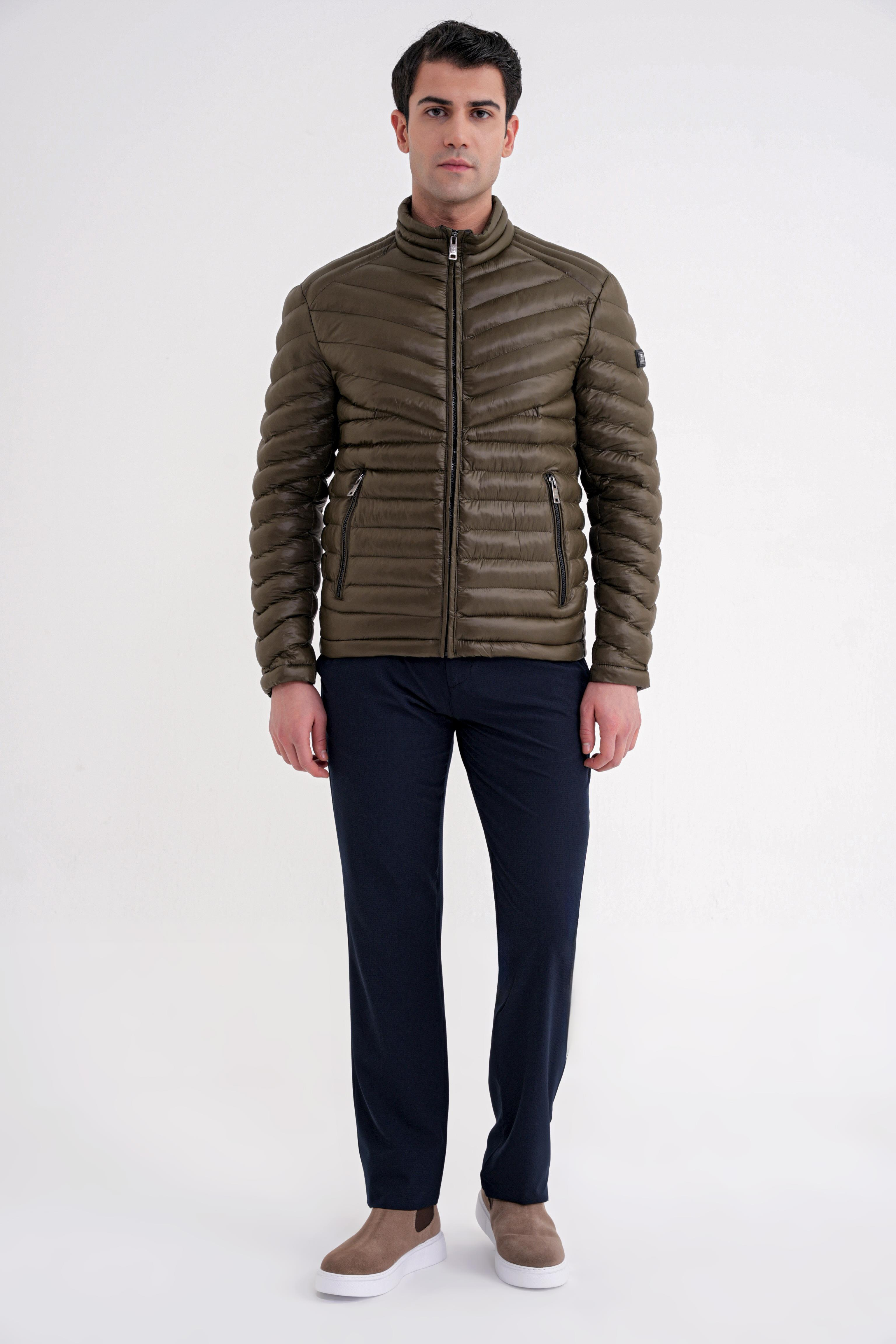 Slim Fit Hakim Yaka Yan Cepli Kaz Tüyü Haki Şişme Mont MT 176