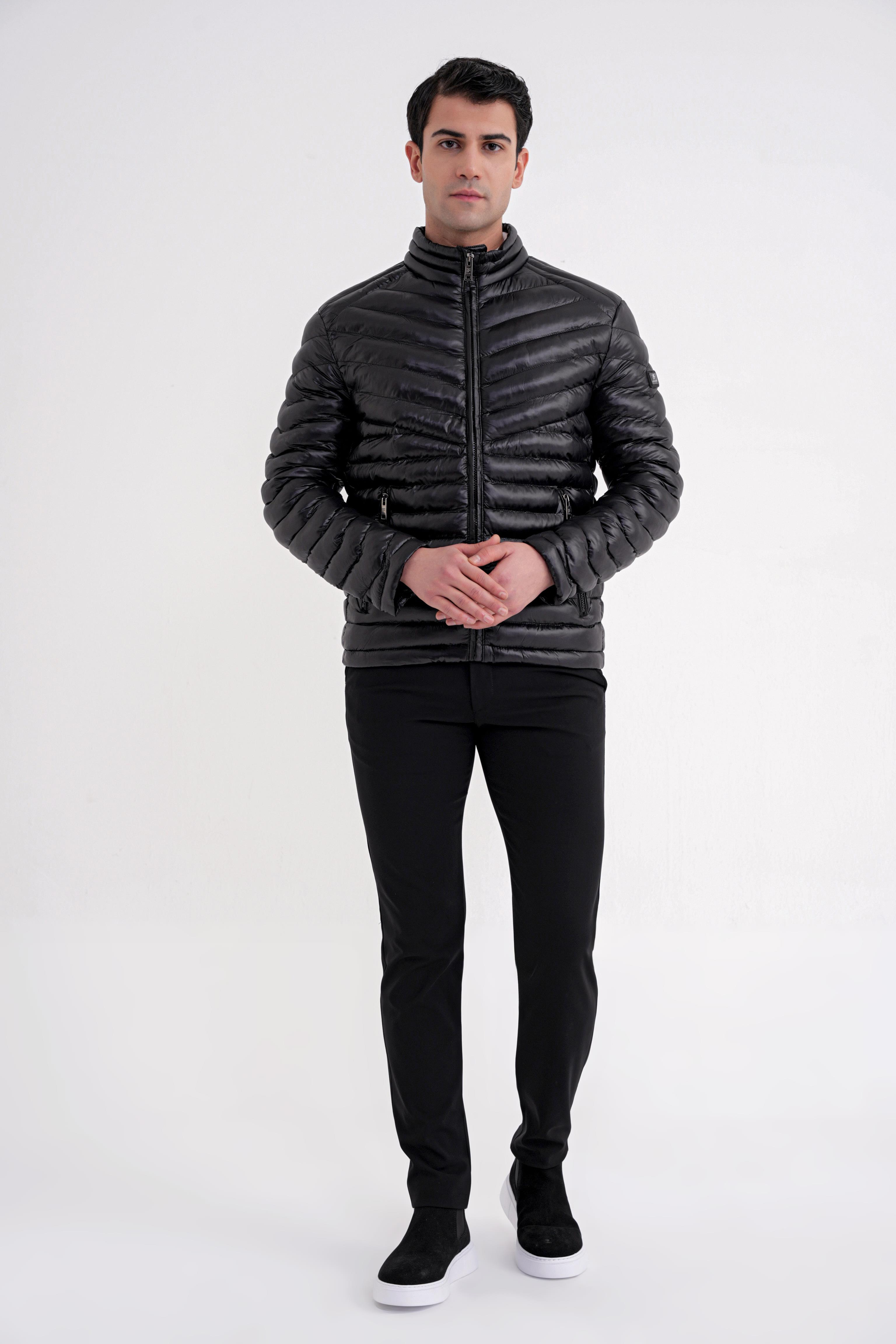 Slim Fit Hakim Yaka Yan Cepli Kaz Tüyü Siyah Şişme Mont MT 176