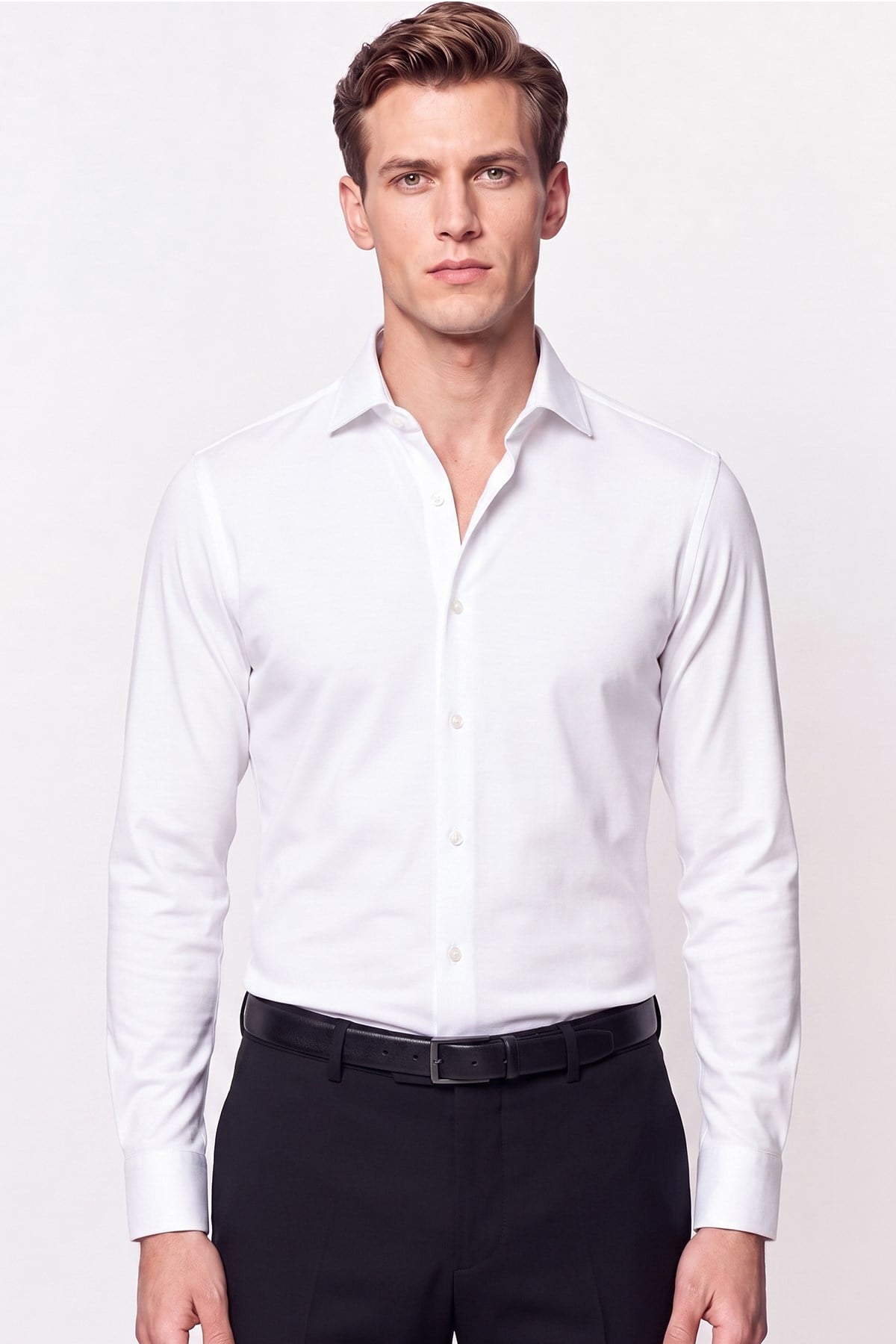 Slim Fit İtalyan Yaka %100 Pamuk Saten Düz Beyaz Gömlek GK 759