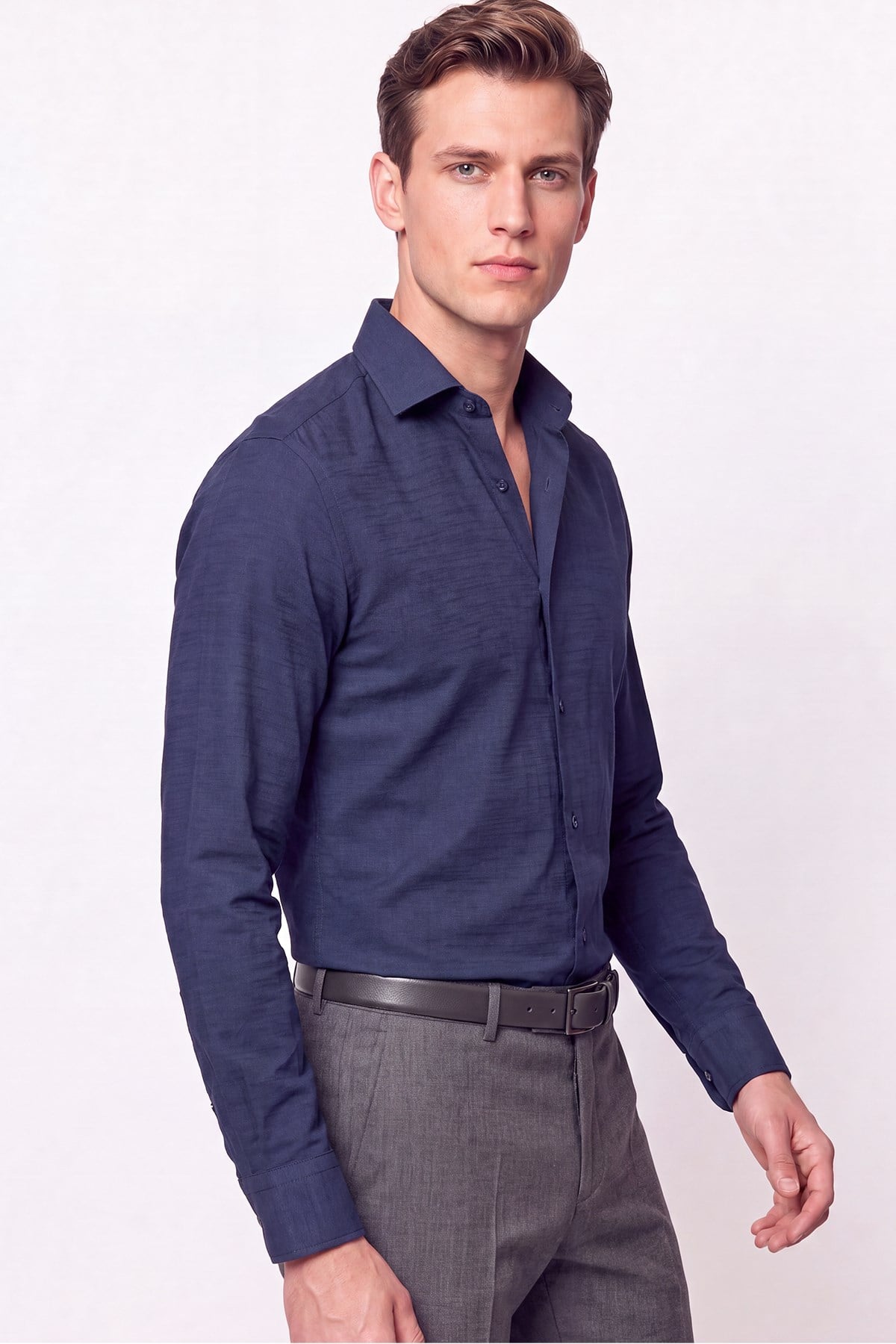 Slim Fit İtalyan Yaka Lacivert Gömlek G 1610 