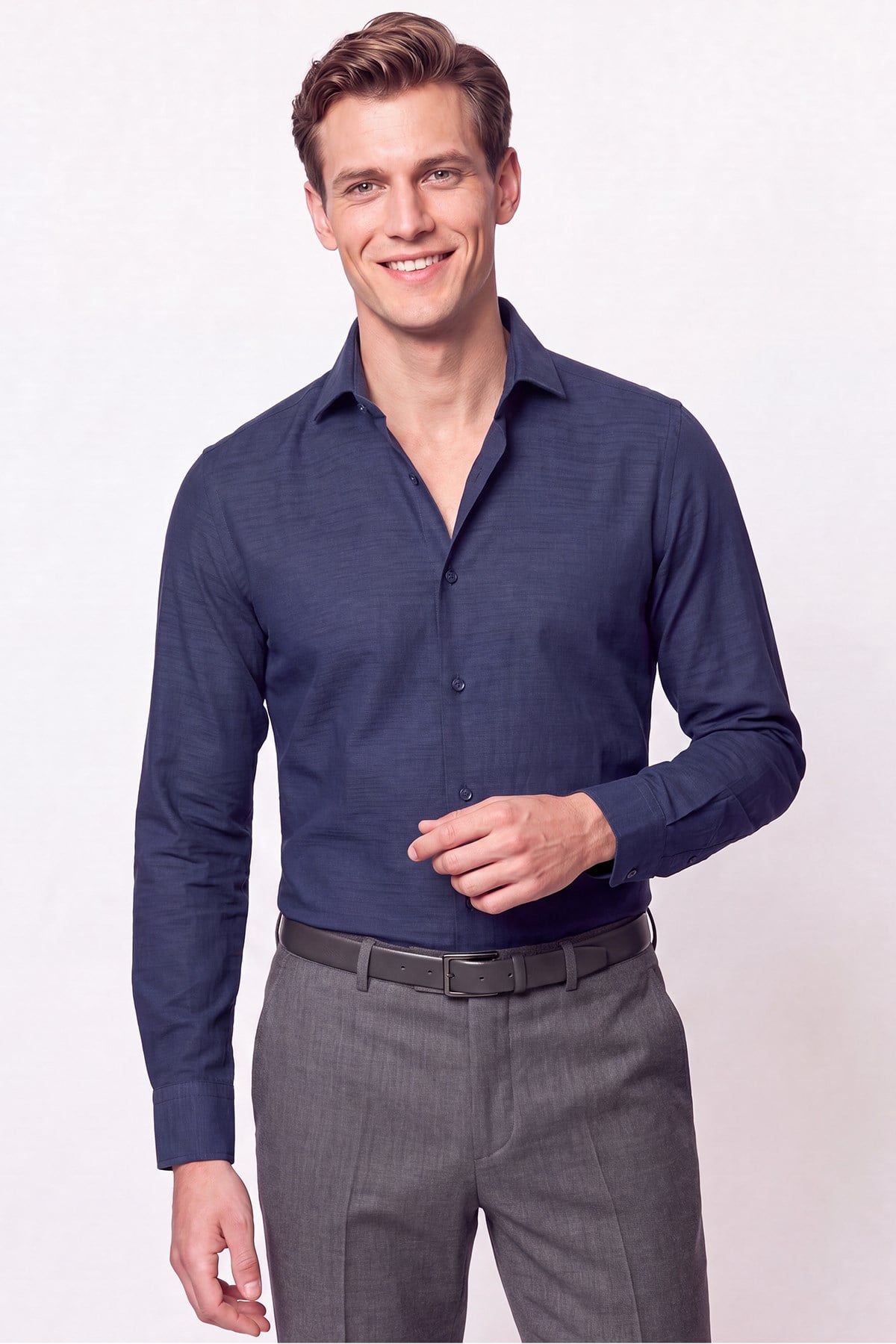Slim Fit İtalyan Yaka Lacivert Gömlek G 1610 