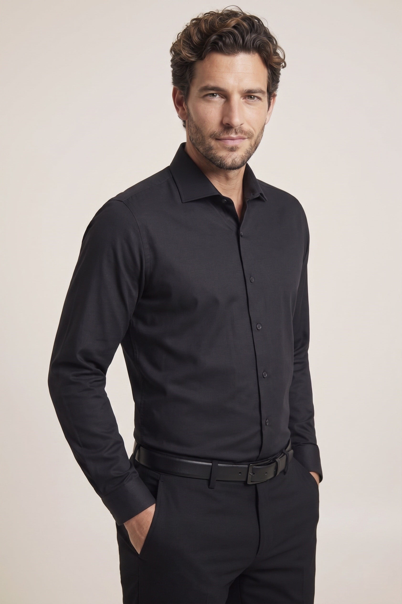 Slim Fit İtalyan Yaka Pamuklu Kolay Ütülenebilir Siyah Gömlek GK 761